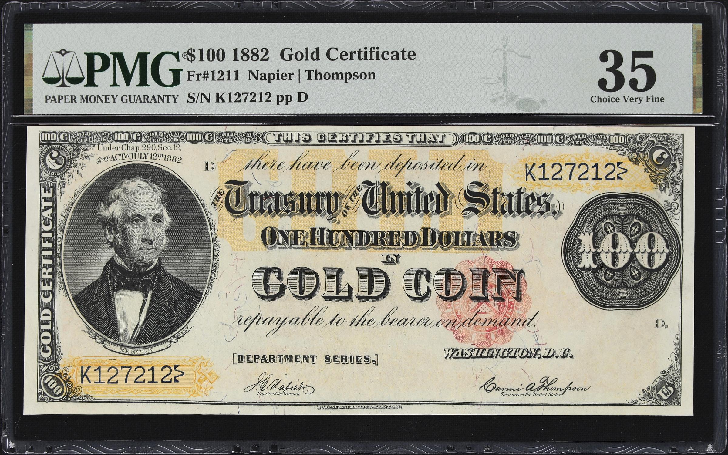 image for: Fr. 1211. 1882 $100 Gold Certificate. PMG Choice Very Fine 35.