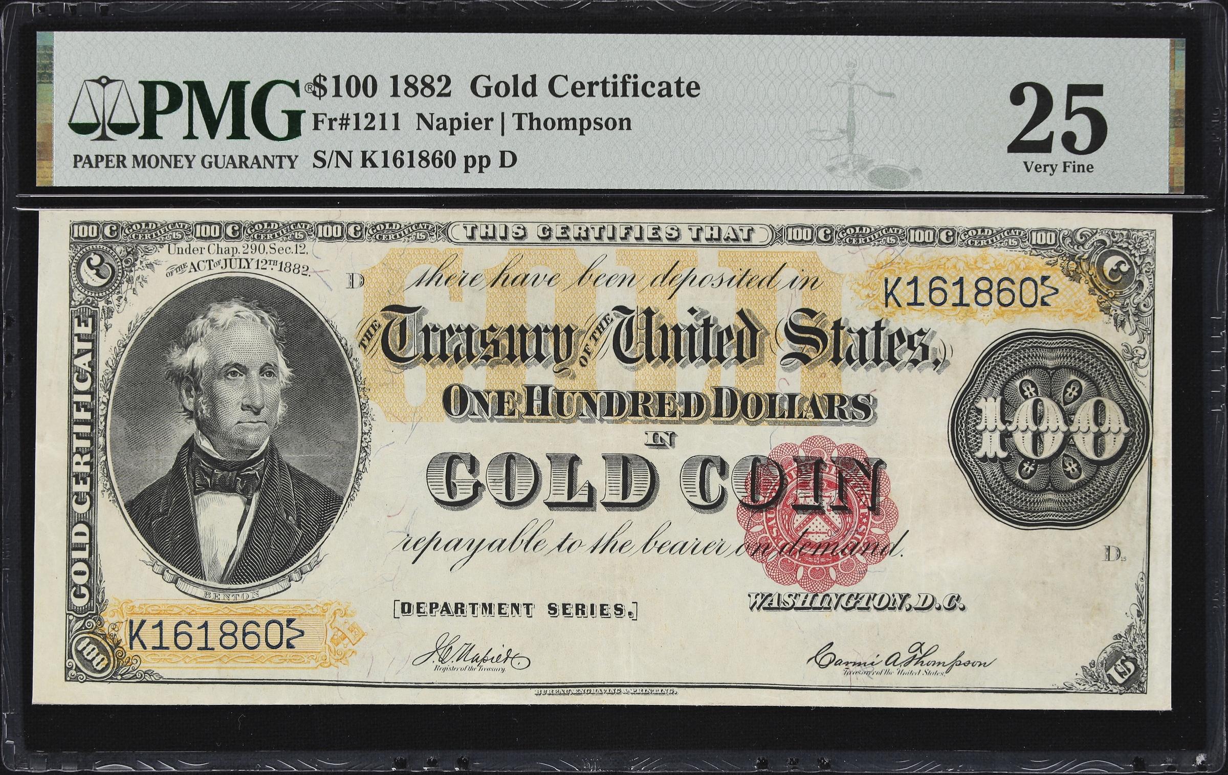 image for: Fr. 1211. 1882 $100 Gold Certificate. PMG Very Fine 25.
