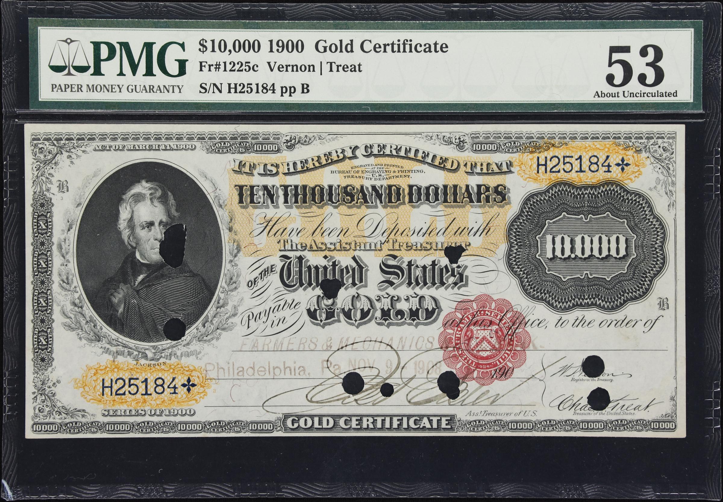 image for: Fr. 1225c. 1900 $10,000 Gold Certificate. PMG About Uncirculated 53.