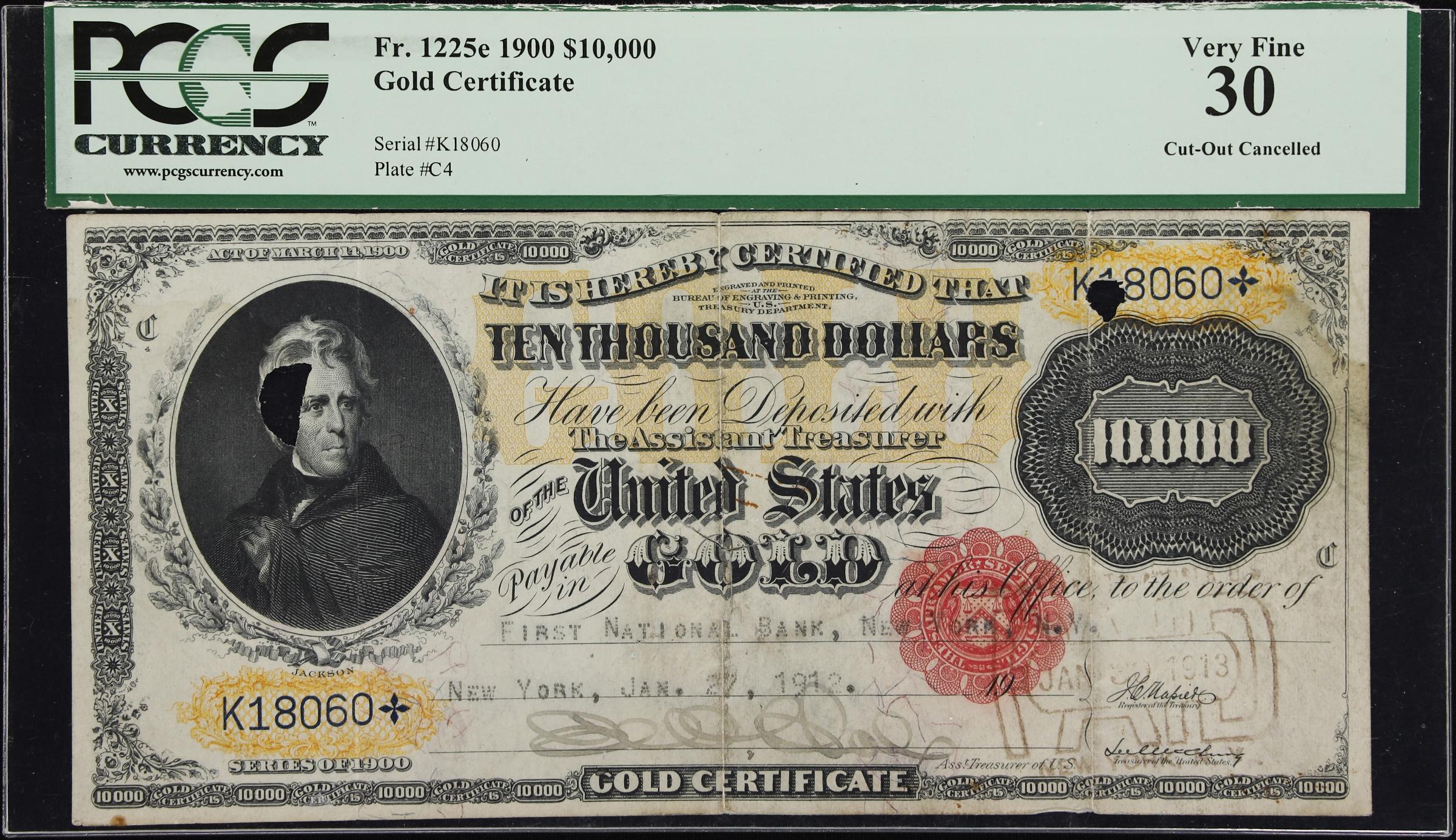 image for: Fr. 1225e. 1900 $10,000 Gold Certificate. PCGS Currency Very Fine 30.