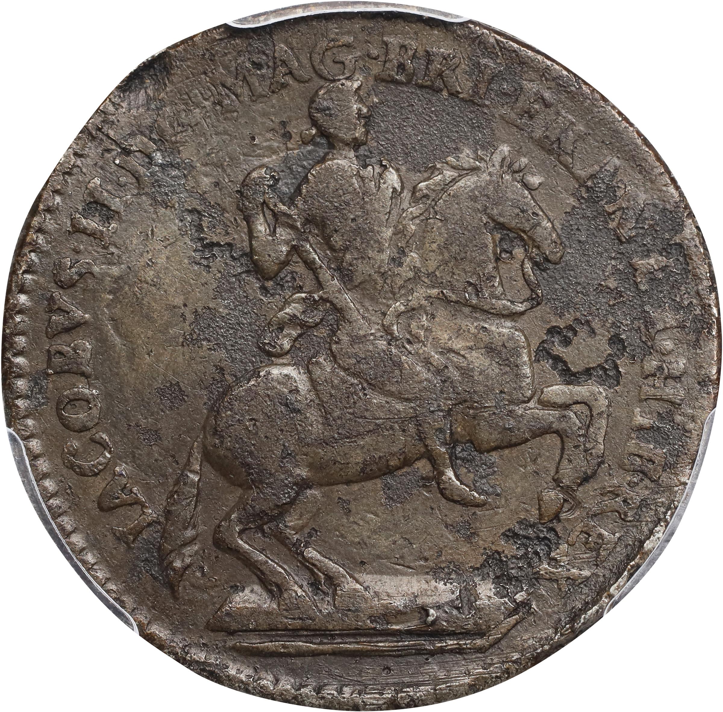 image for: Undated (1688) American Plantations Token, or 1/24 Part Real. Original. Newman 2-G, W-1140. Rarity-6+. Transposed Arms, 5 Harp Strings. EF Details--Damage (PCGS).