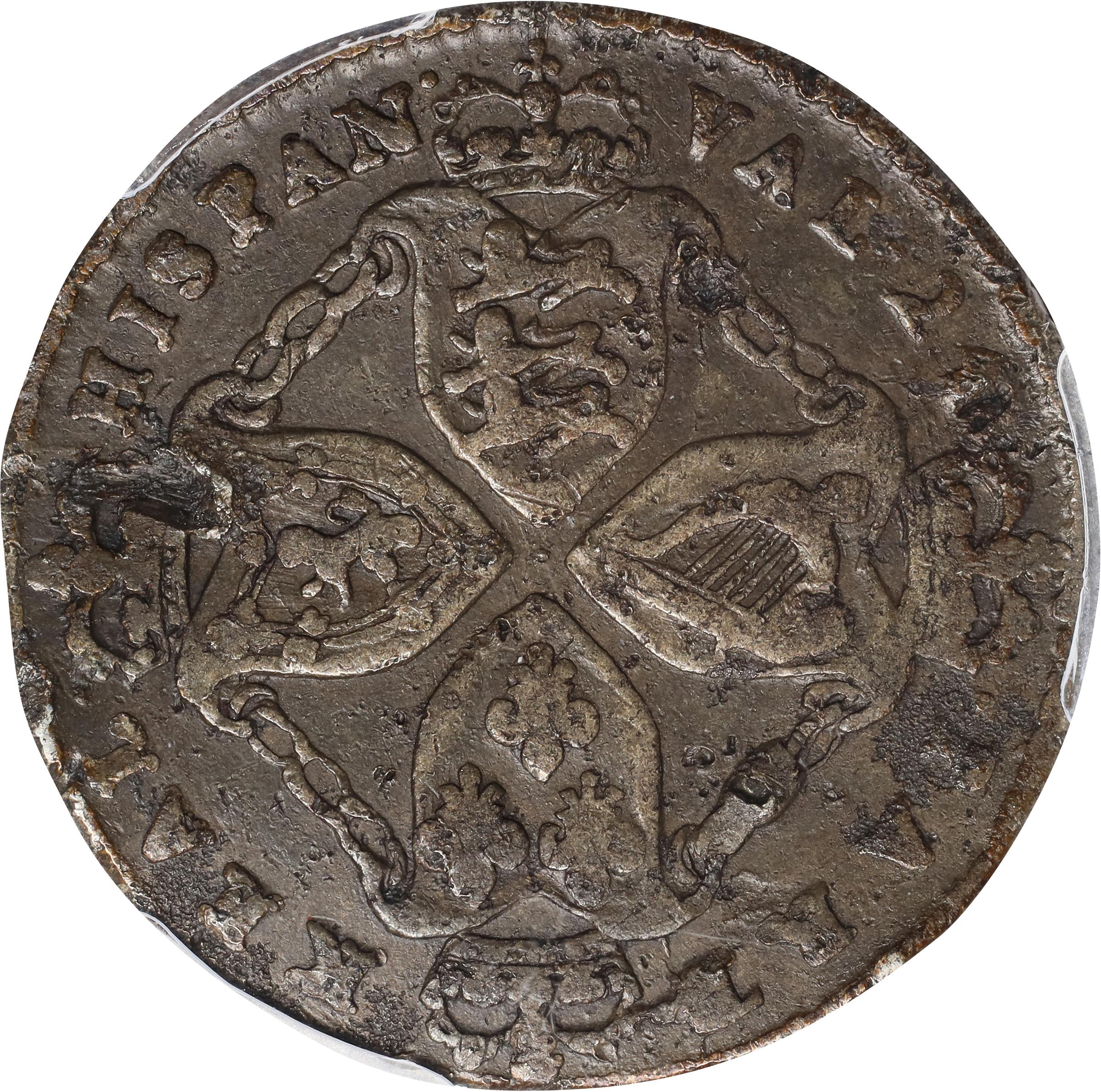 image for: Undated (1688) American Plantations Token, or 1/24 Part Real. Original. Newman 2-G, W-1140. Rarity-6+. Transposed Arms, 5 Harp Strings. EF Details--Damage (PCGS).