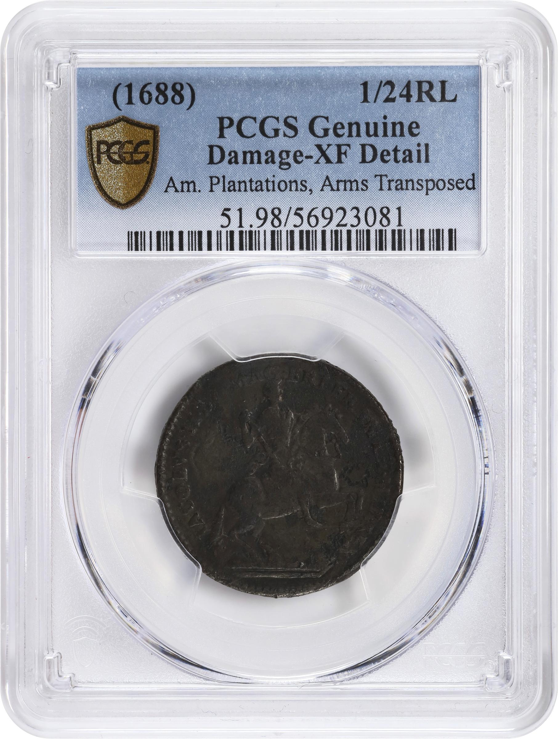 image for: Undated (1688) American Plantations Token, or 1/24 Part Real. Original. Newman 2-G, W-1140. Rarity-6+. Transposed Arms, 5 Harp Strings. EF Details--Damage (PCGS).