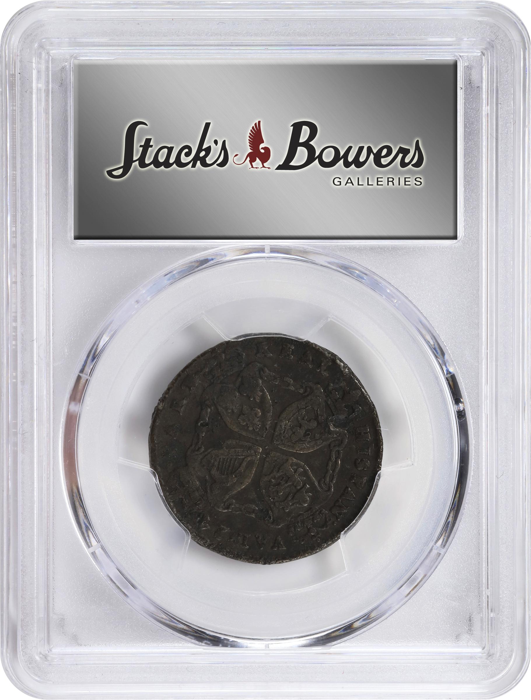 image for: Undated (1688) American Plantations Token, or 1/24 Part Real. Original. Newman 2-G, W-1140. Rarity-6+. Transposed Arms, 5 Harp Strings. EF Details--Damage (PCGS).