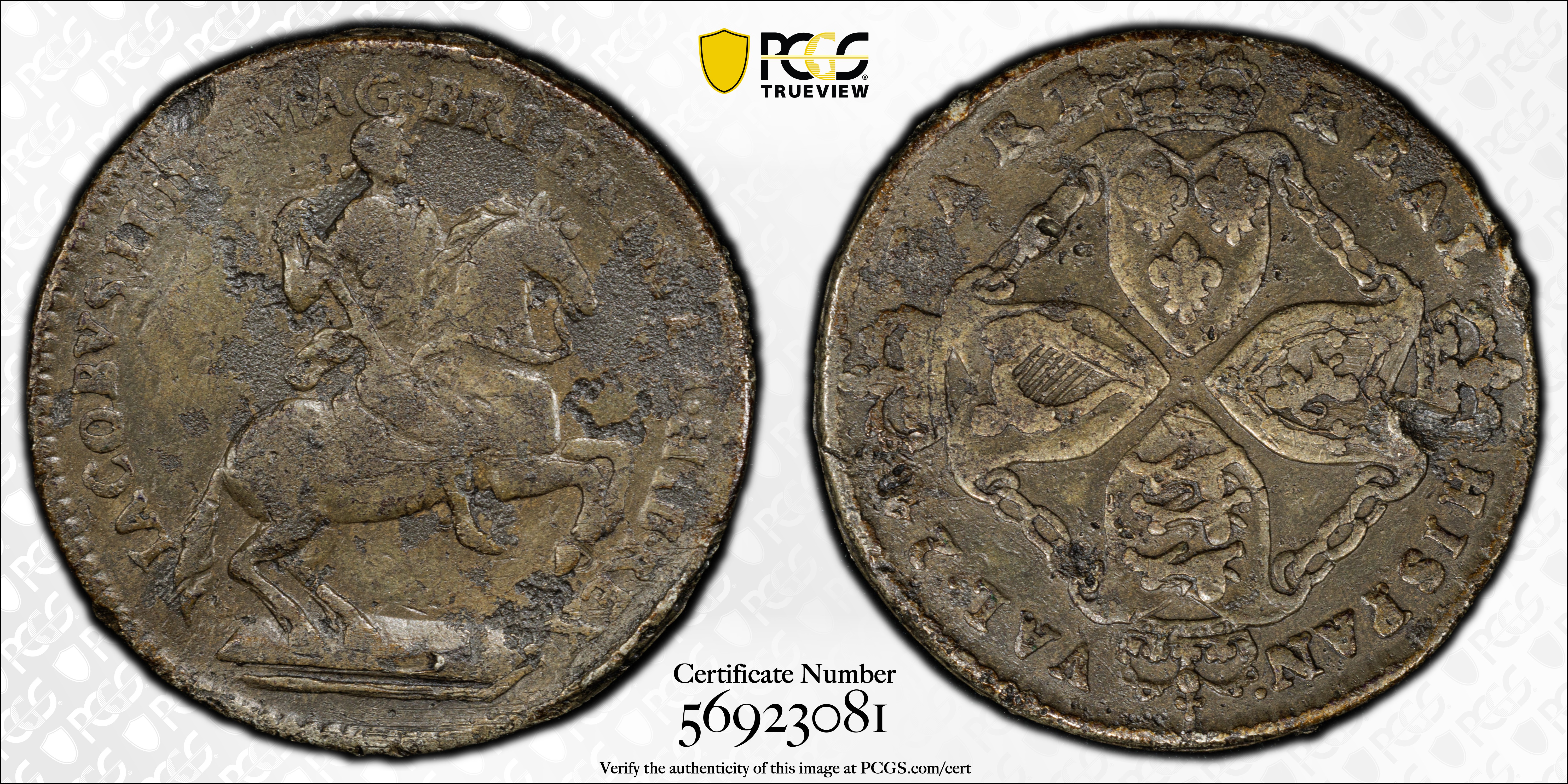 image for: Undated (1688) American Plantations Token, or 1/24 Part Real. Original. Newman 2-G, W-1140. Rarity-6+. Transposed Arms, 5 Harp Strings. EF Details--Damage (PCGS).