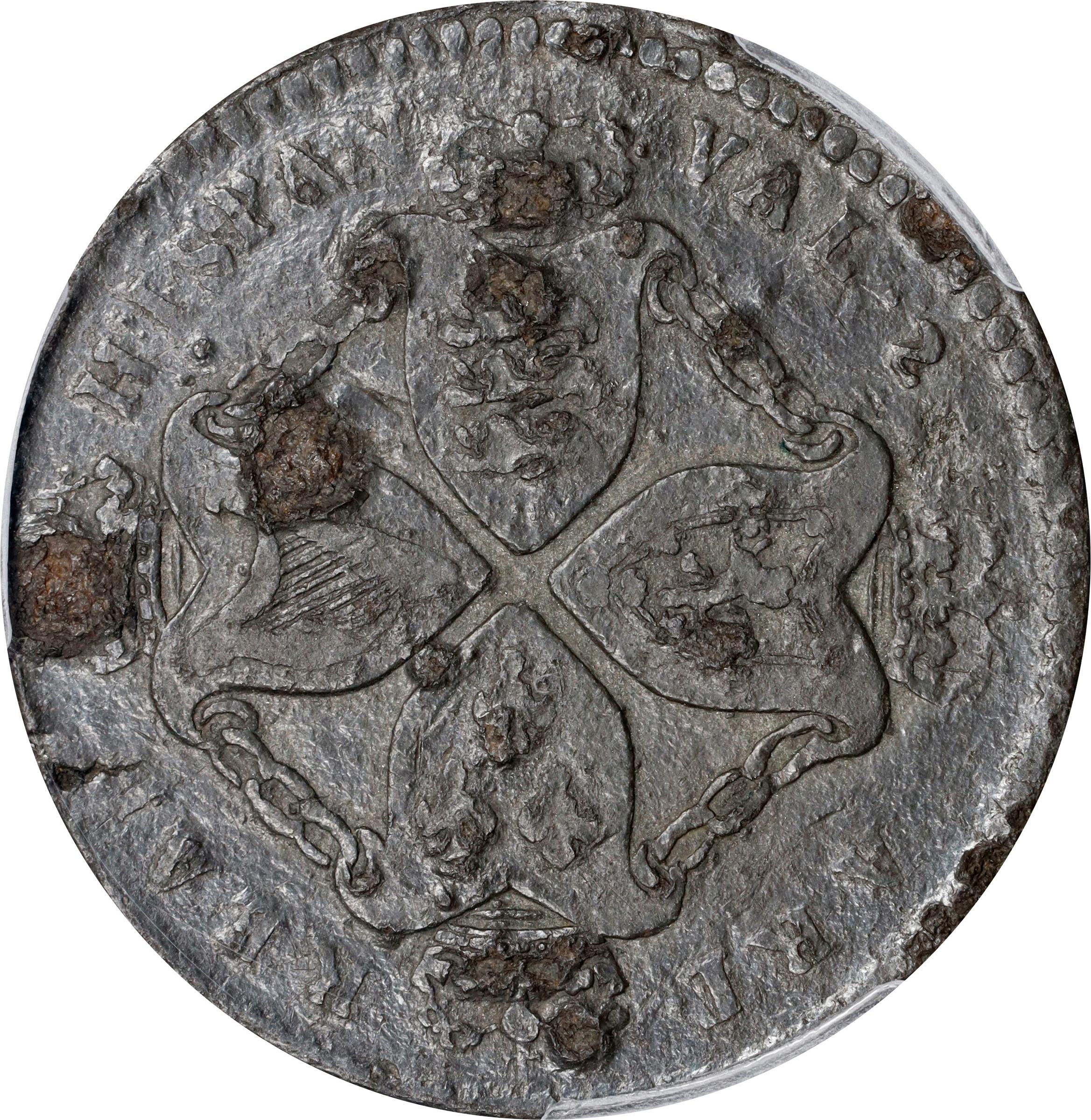 image for: Undated (ca. 1828) American Plantations Token, or 1/24 Part Real. Restrike. Newman 5-D, W-1160. Rarity-4+. 11 Harp Strings. VF Details--Environmental Damage (PCGS).