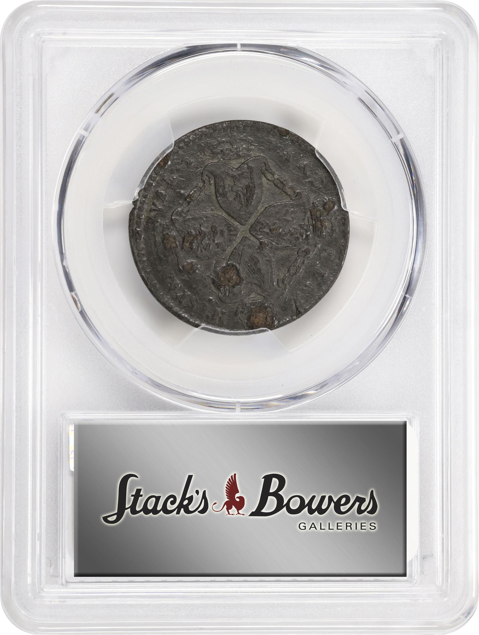 image for: Undated (ca. 1828) American Plantations Token, or 1/24 Part Real. Restrike. Newman 5-D, W-1160. Rarity-4+. 11 Harp Strings. VF Details--Environmental Damage (PCGS).