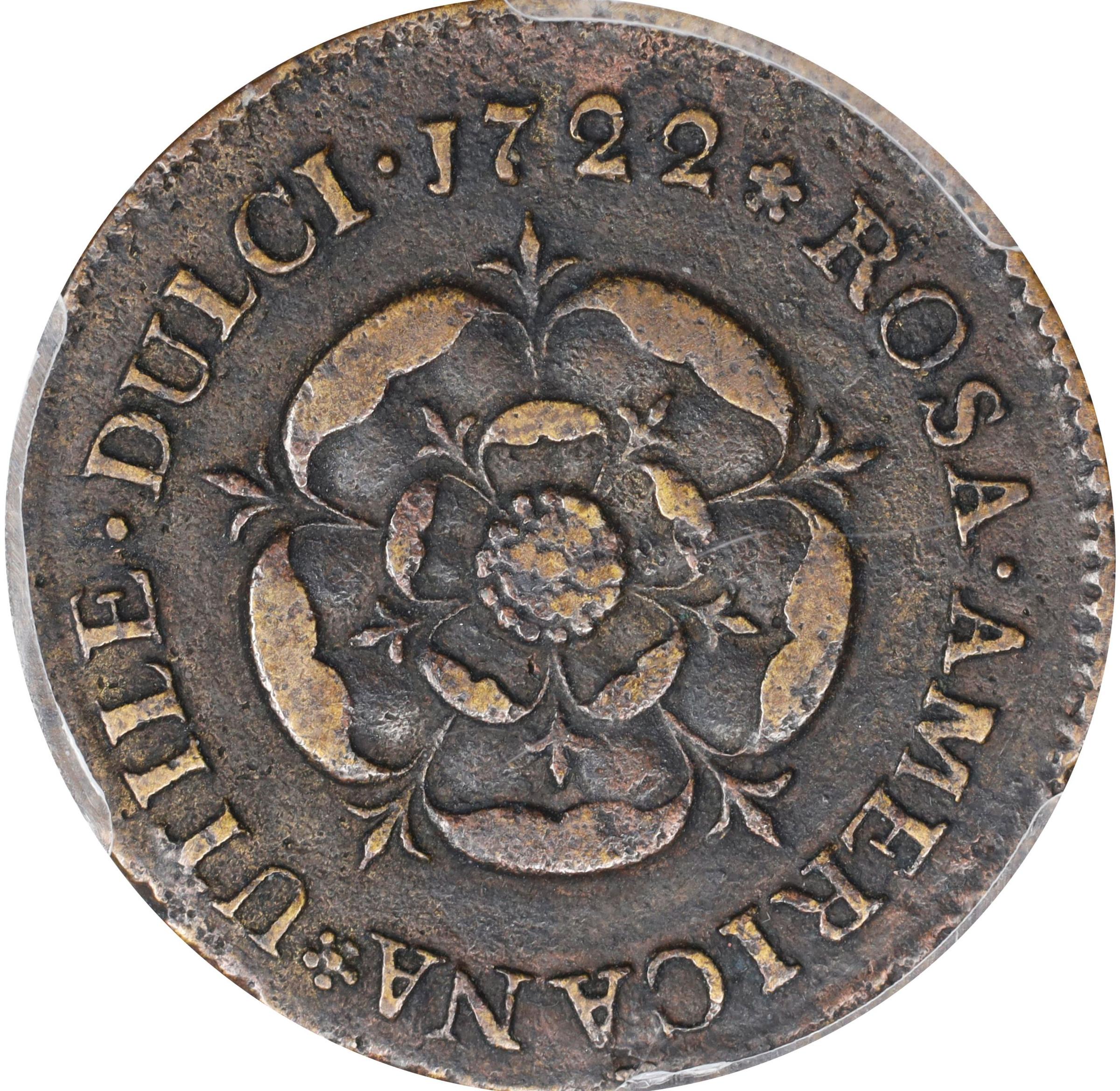 image for: 1722 Rosa Americana Penny. Martin 2.1-D.4, W-1268. Rarity-7. UTILE DULCI. VF Details--Environmental Damage (PCGS).
