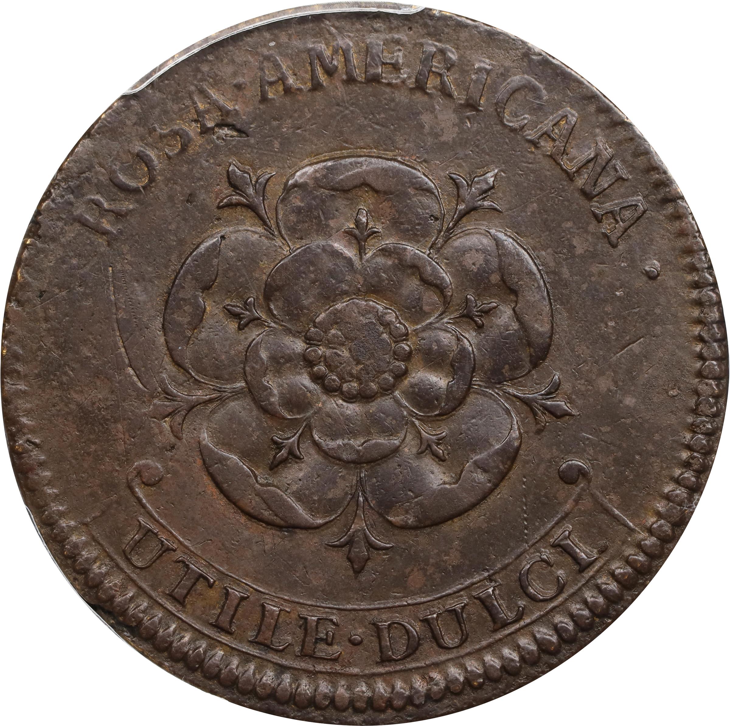 image for: Undated (1722) Rosa Americana Twopence. Martin 2.1-B.1, W-1322. Rarity-3. Motto in Ribbon. EF Details--Environmental Damage (PCGS).