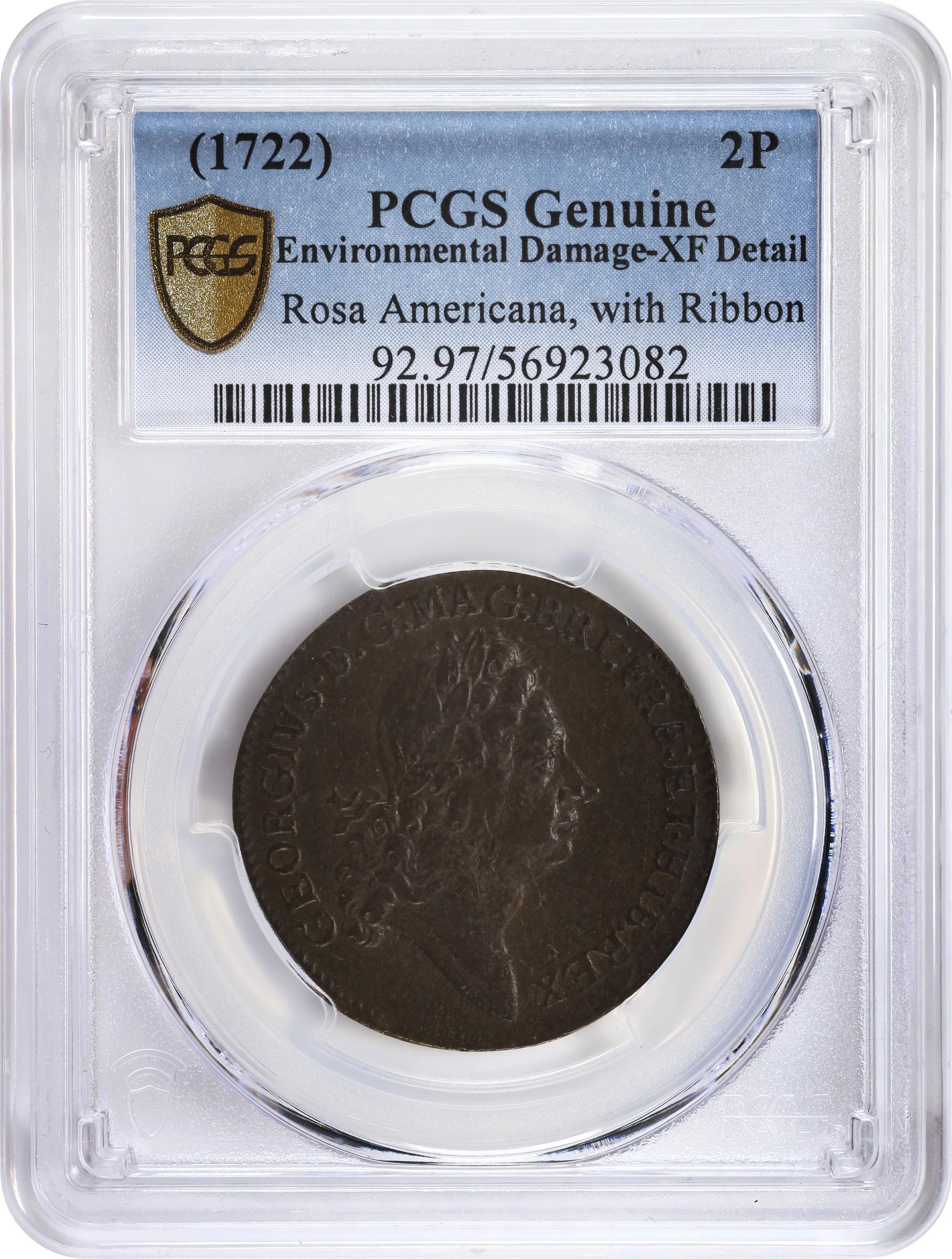 image for: Undated (1722) Rosa Americana Twopence. Martin 2.1-B.1, W-1322. Rarity-3. Motto in Ribbon. EF Details--Environmental Damage (PCGS).