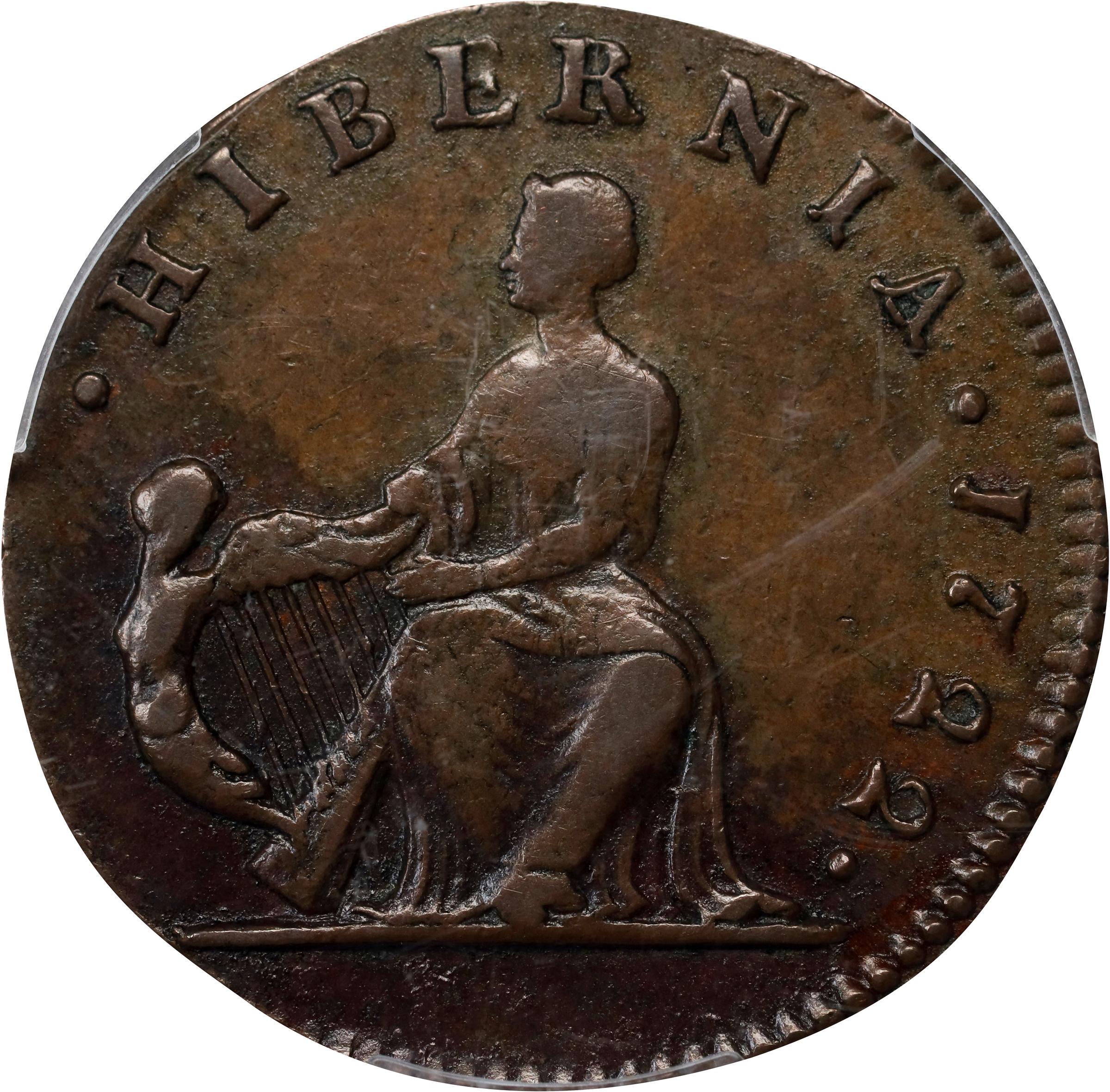 image for: 1722 Wood's Hibernia Halfpenny. Martin 3.2-Bb.3, W-12690. Rarity-4. First Type, Harp at Left. EF Details--Environmental Damage (PCGS).