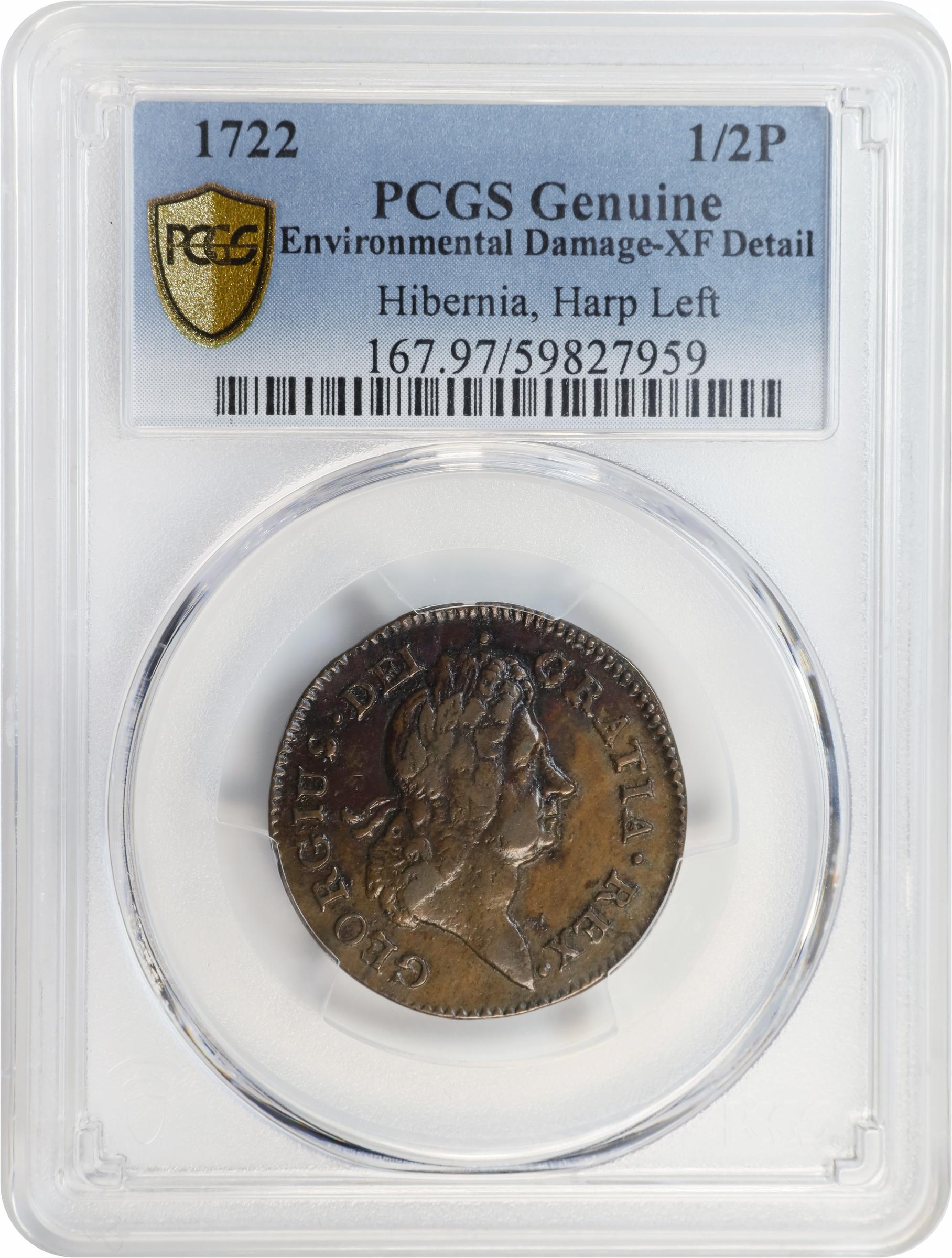 image for: 1722 Wood's Hibernia Halfpenny. Martin 3.2-Bb.3, W-12690. Rarity-4. First Type, Harp at Left. EF Details--Environmental Damage (PCGS).