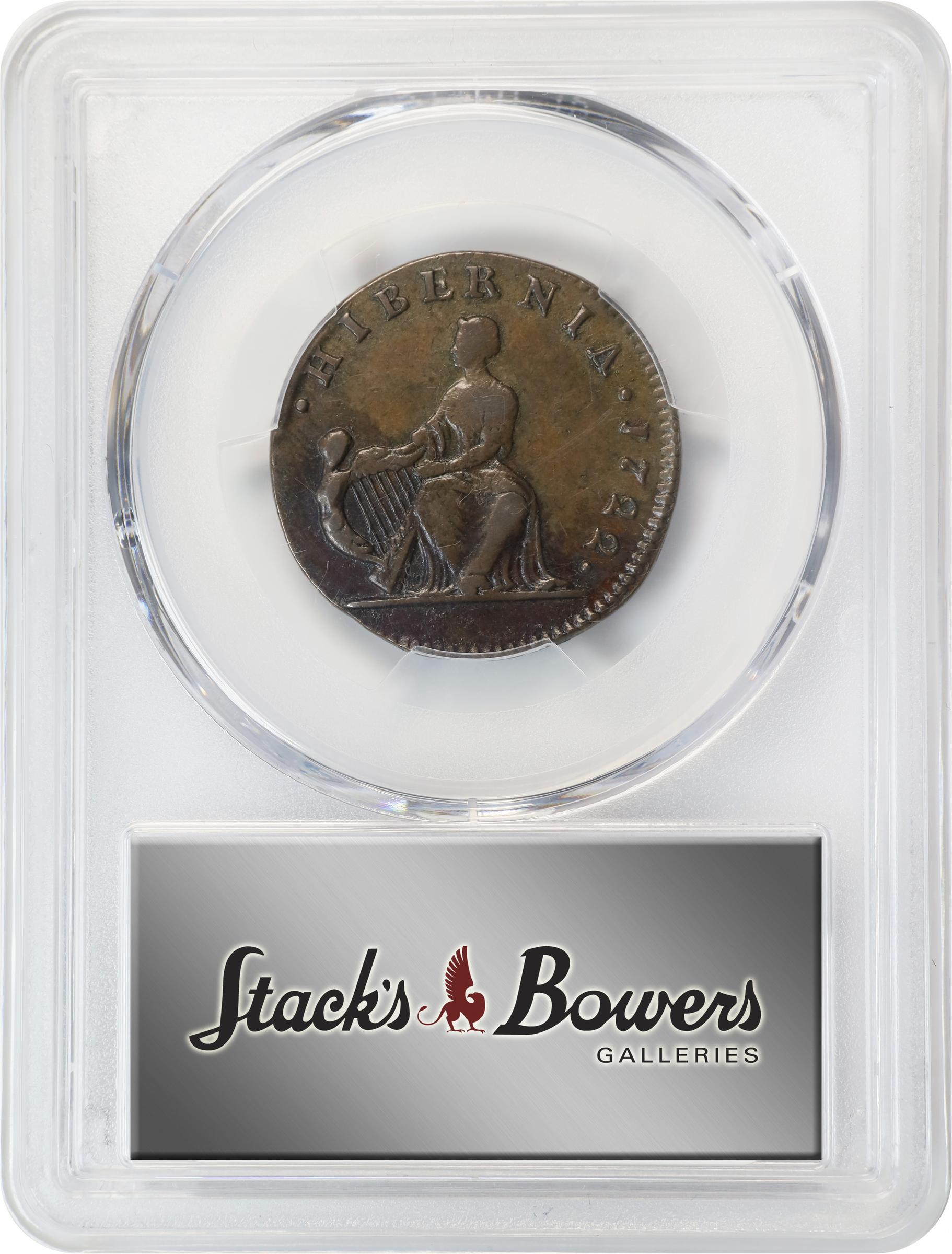 image for: 1722 Wood's Hibernia Halfpenny. Martin 3.2-Bb.3, W-12690. Rarity-4. First Type, Harp at Left. EF Details--Environmental Damage (PCGS).