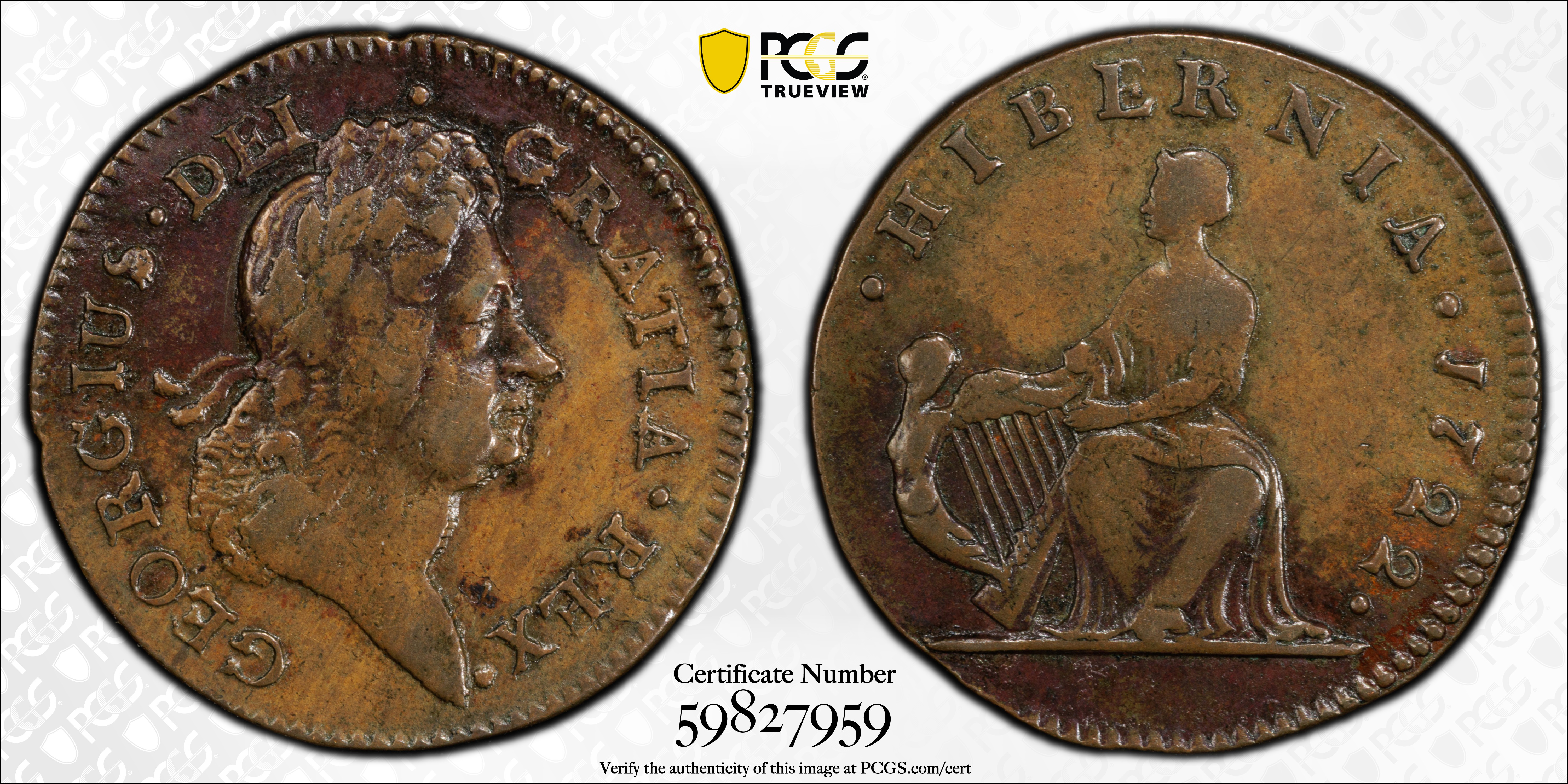 image for: 1722 Wood's Hibernia Halfpenny. Martin 3.2-Bb.3, W-12690. Rarity-4. First Type, Harp at Left. EF Details--Environmental Damage (PCGS).