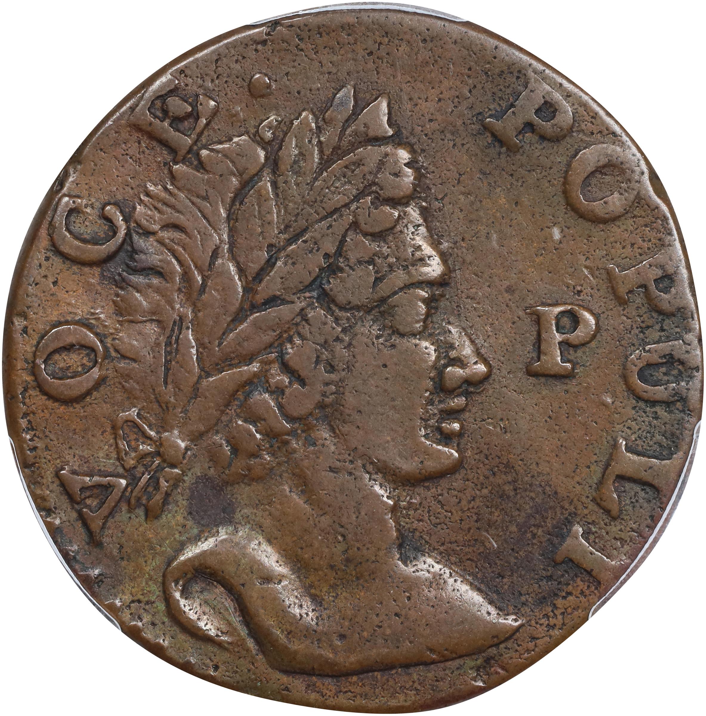 image for: 1760 Voce Populi Halfpenny. Nelson-12, Zelinka 15-N, W-13950. Rarity-3. P in Front of Face. EF Details--Bent (PCGS).