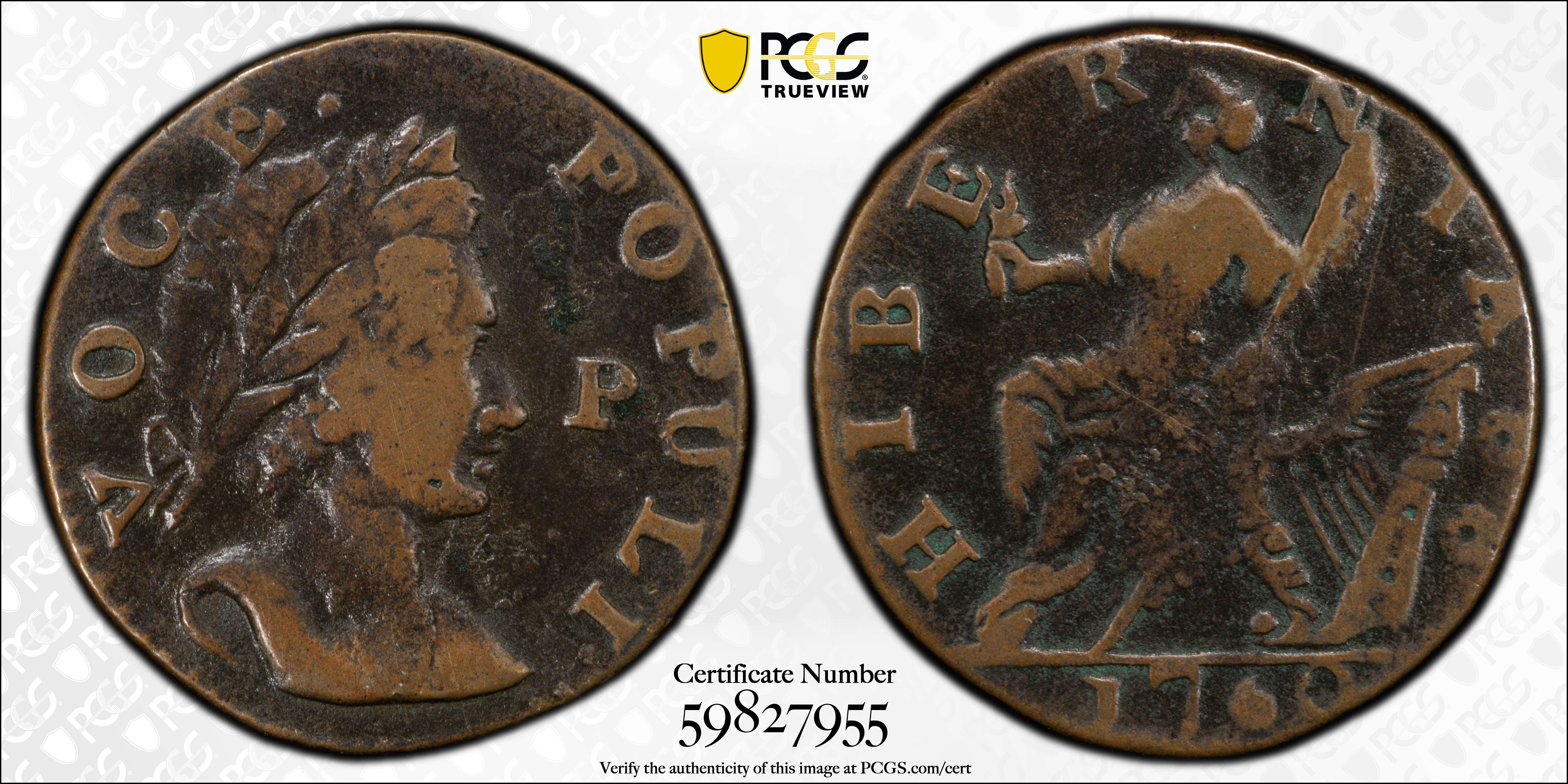 image for: 1760 Voce Populi Halfpenny. Nelson-12, Zelinka 15-N, W-13950. Rarity-3. P in Front of Face. VF Details--Environmental Damage (PCGS).