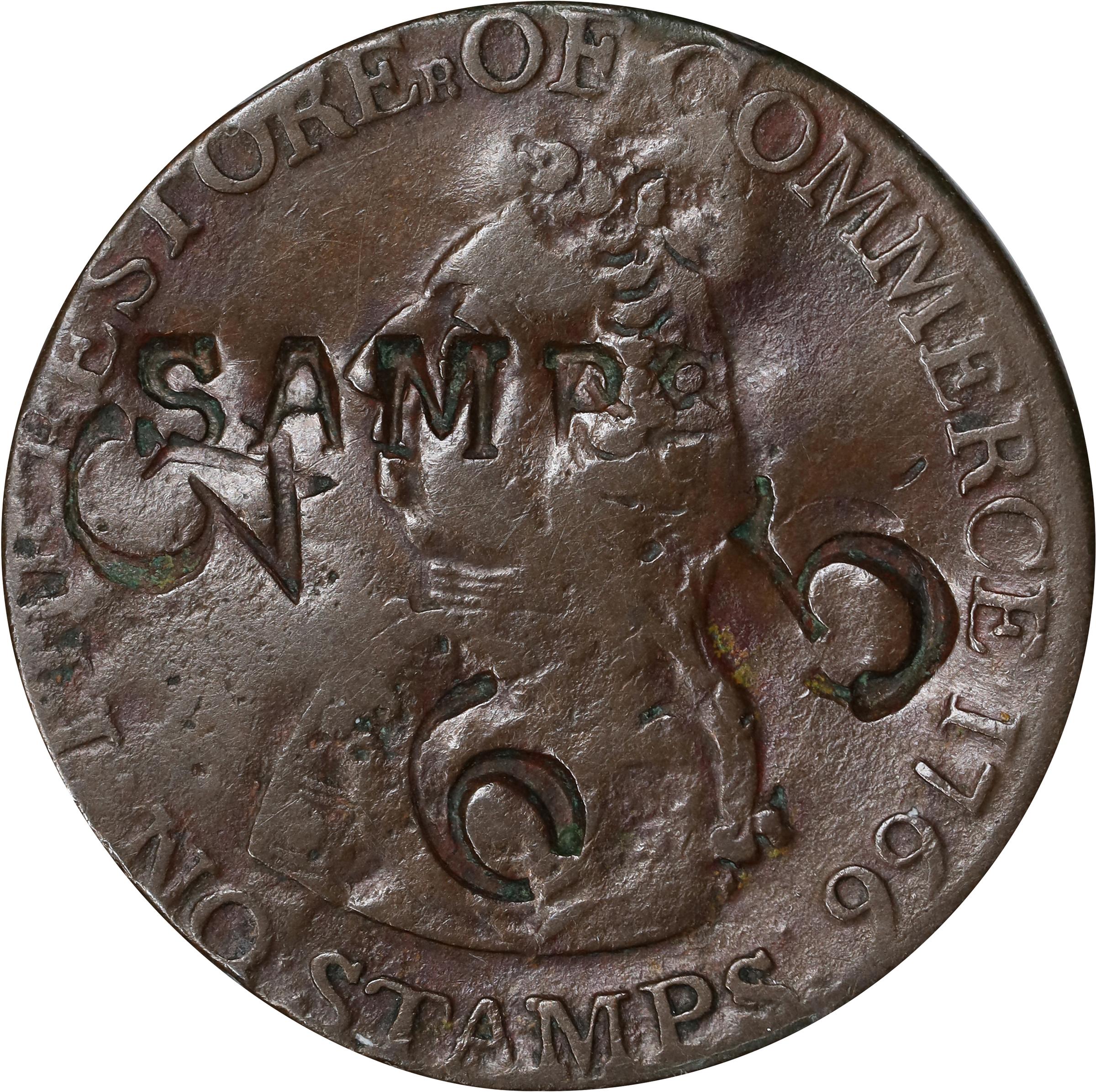 image for: 1766 Pitt Halfpenny Token. Betts-519, W-8350. Rarity-3. Copper. Very Fine, Counterstamped.