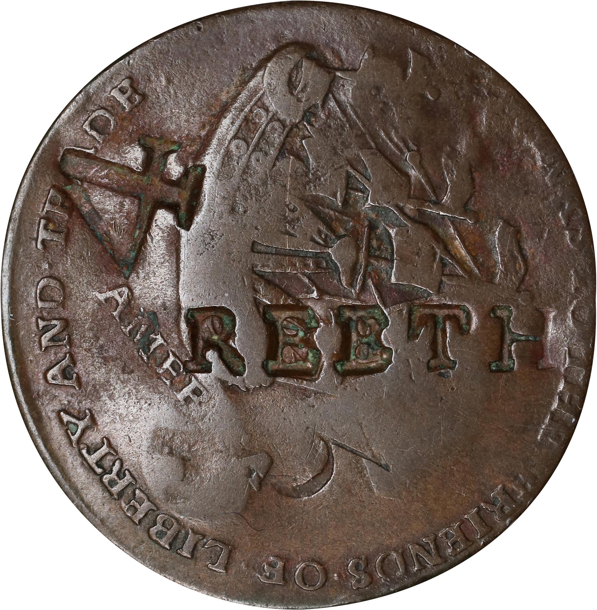 image for: 1766 Pitt Halfpenny Token. Betts-519, W-8350. Rarity-3. Copper. Very Fine, Counterstamped.