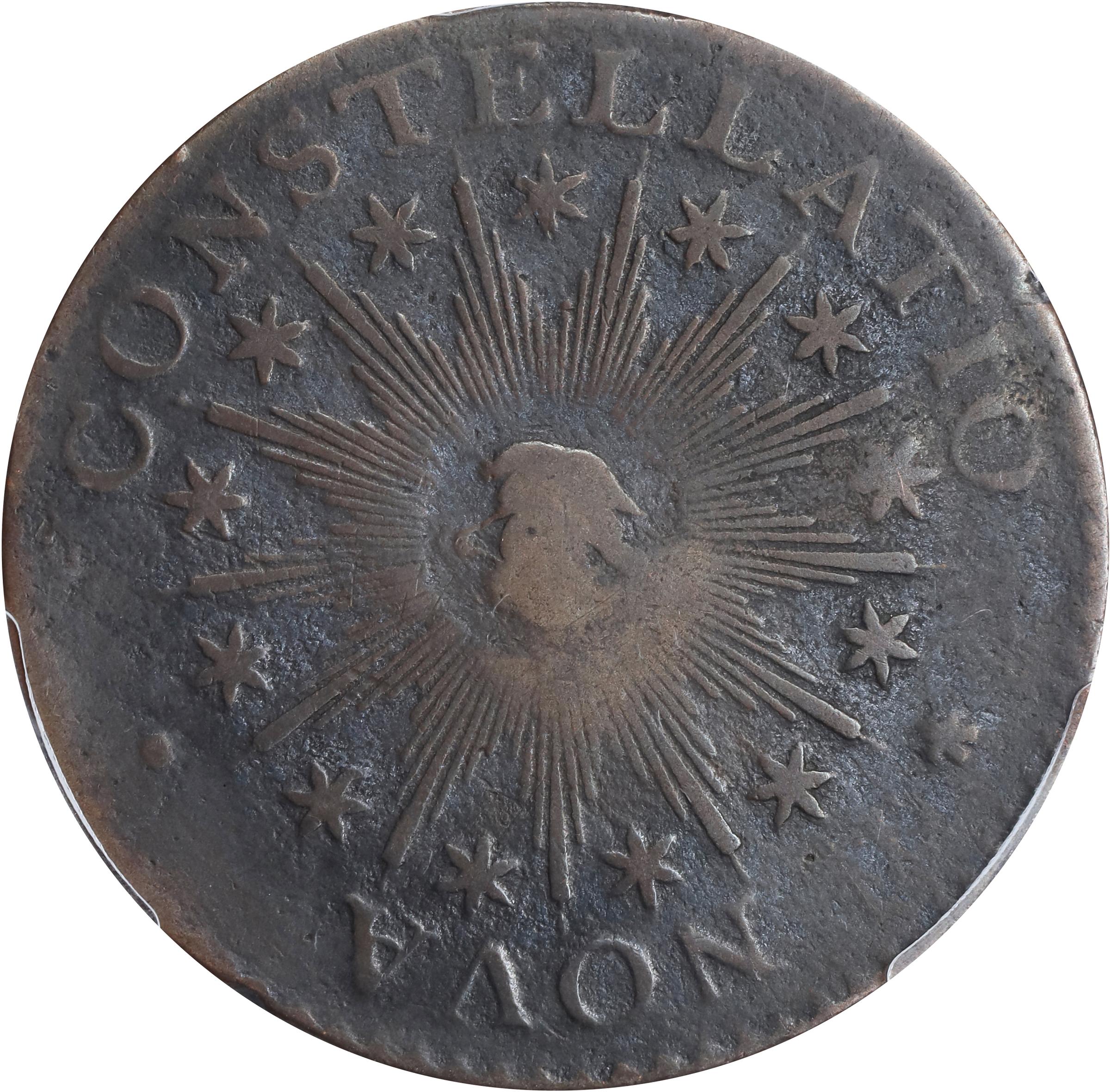 image for: 1783 Nova Constellatio Copper. Crosby 2-B, W-1865. Rarity-2. CONSTELLATIO, Pointed Rays, Small U.S. VF Details--Damage (PCGS).