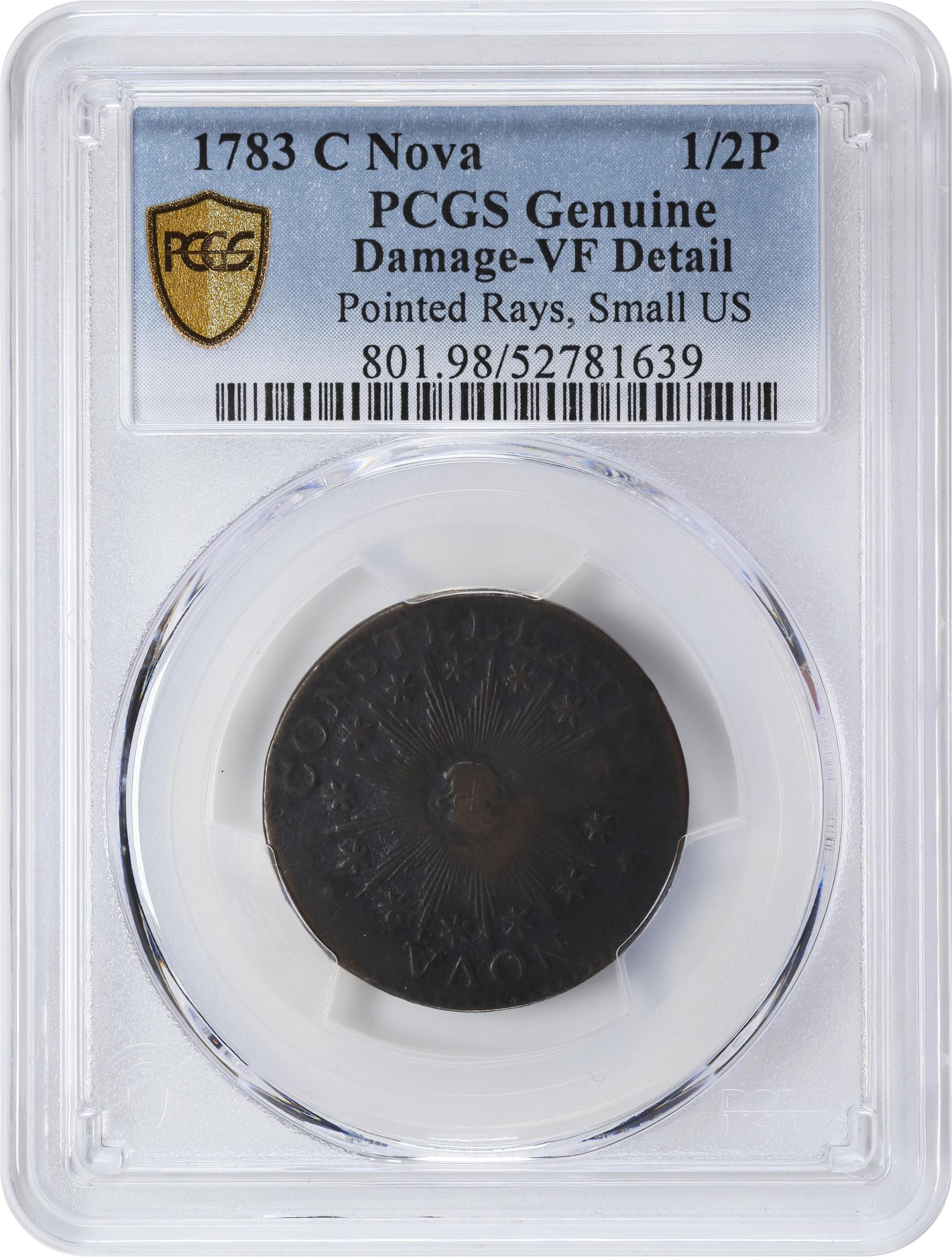 image for: 1783 Nova Constellatio Copper. Crosby 2-B, W-1865. Rarity-2. CONSTELLATIO, Pointed Rays, Small U.S. VF Details--Damage (PCGS).