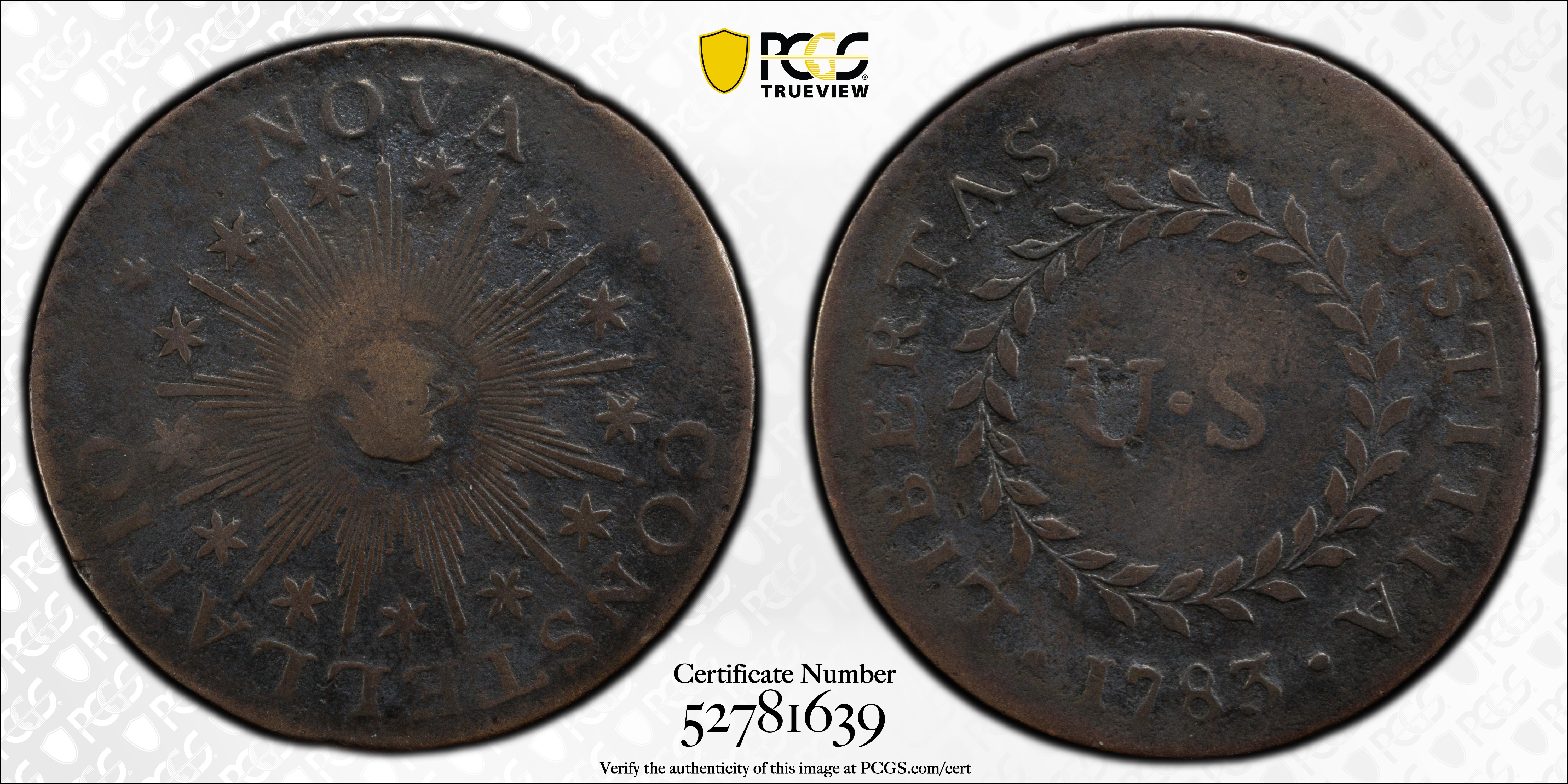 image for: 1783 Nova Constellatio Copper. Crosby 2-B, W-1865. Rarity-2. CONSTELLATIO, Pointed Rays, Small U.S. VF Details--Damage (PCGS).
