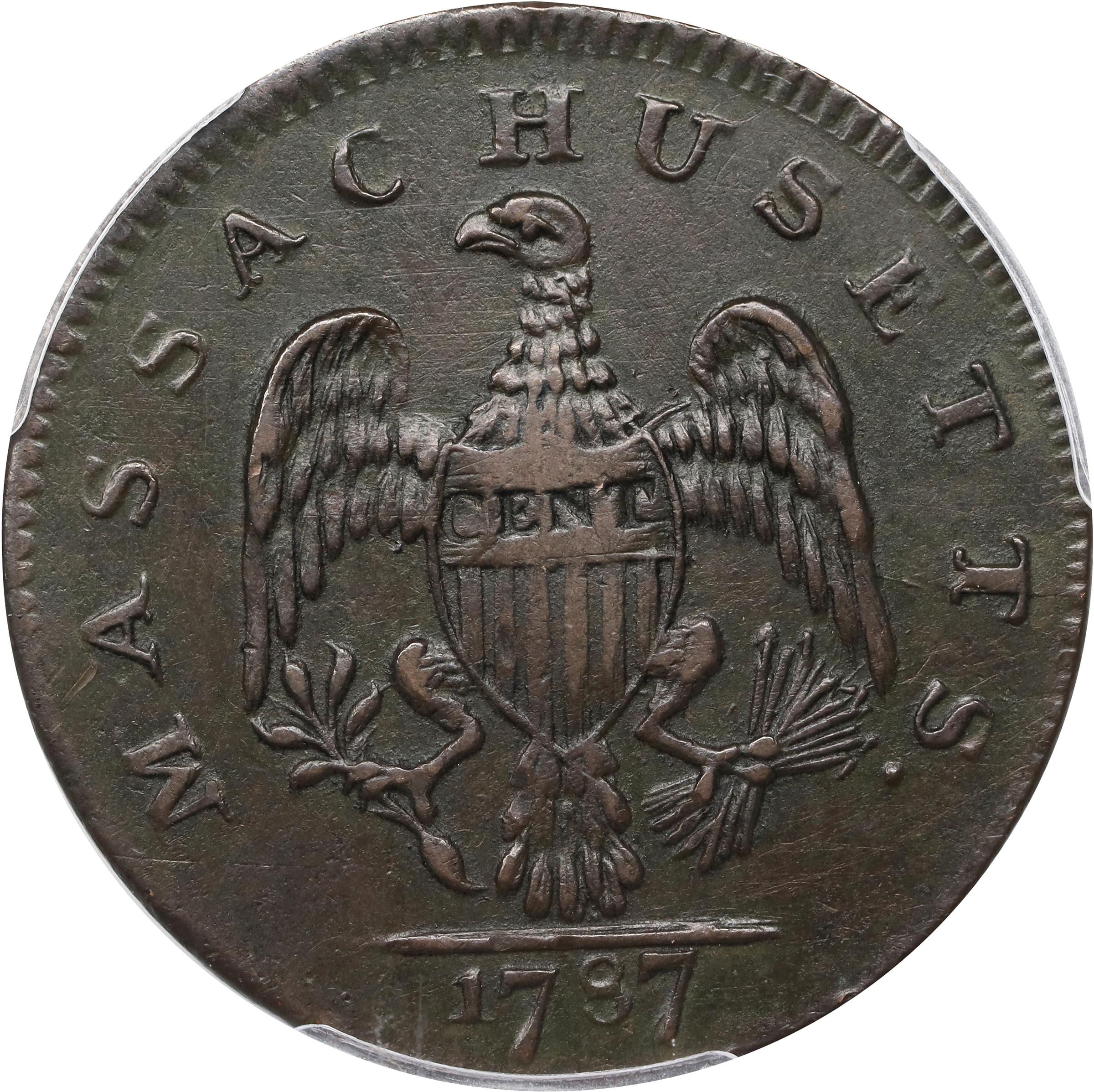 image for: 1787 Massachusetts Cent. Ryder 2b-E, W-6060. Rarity-4-. Arrows in Left Talon. EF Details--Tooled (PCGS).