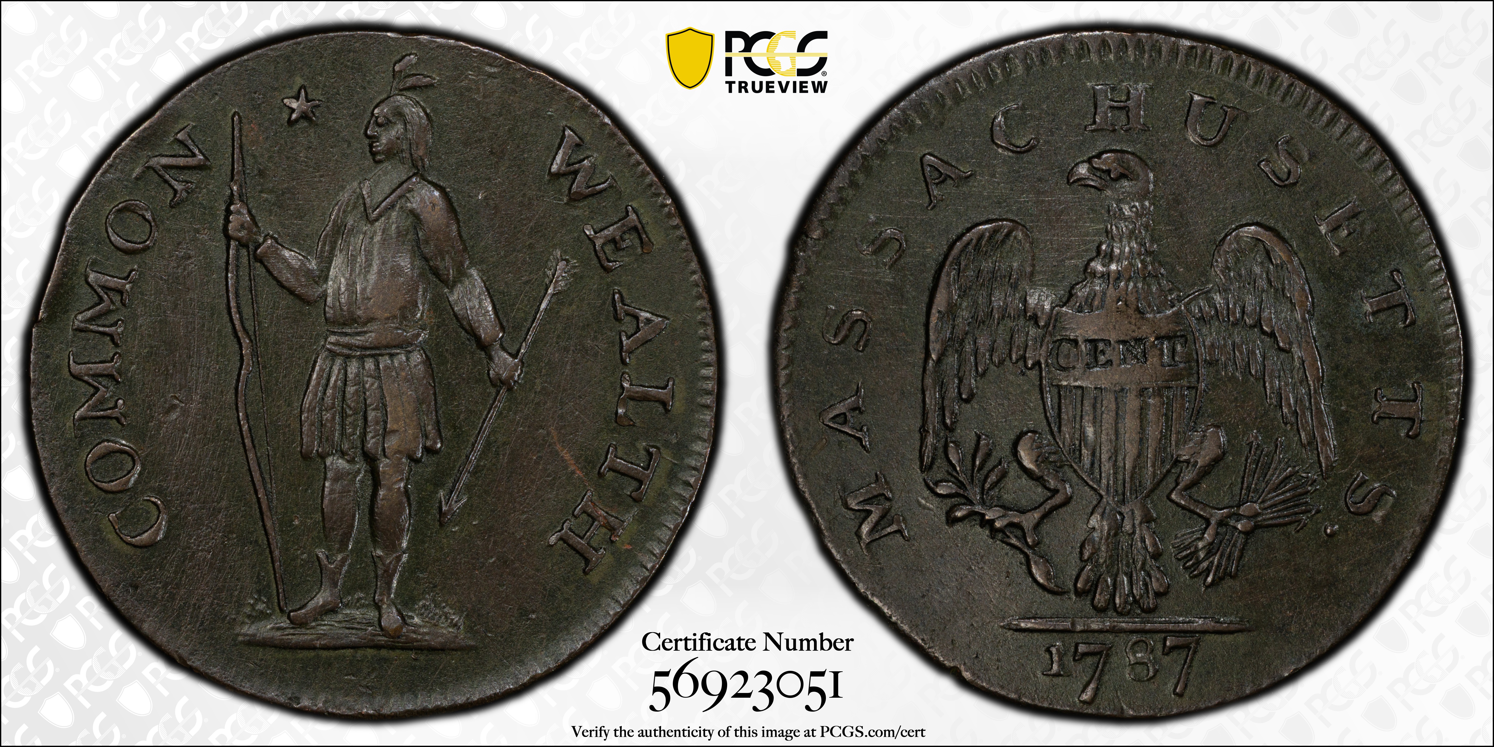 image for: 1787 Massachusetts Cent. Ryder 2b-E, W-6060. Rarity-4-. Arrows in Left Talon. EF Details--Tooled (PCGS).