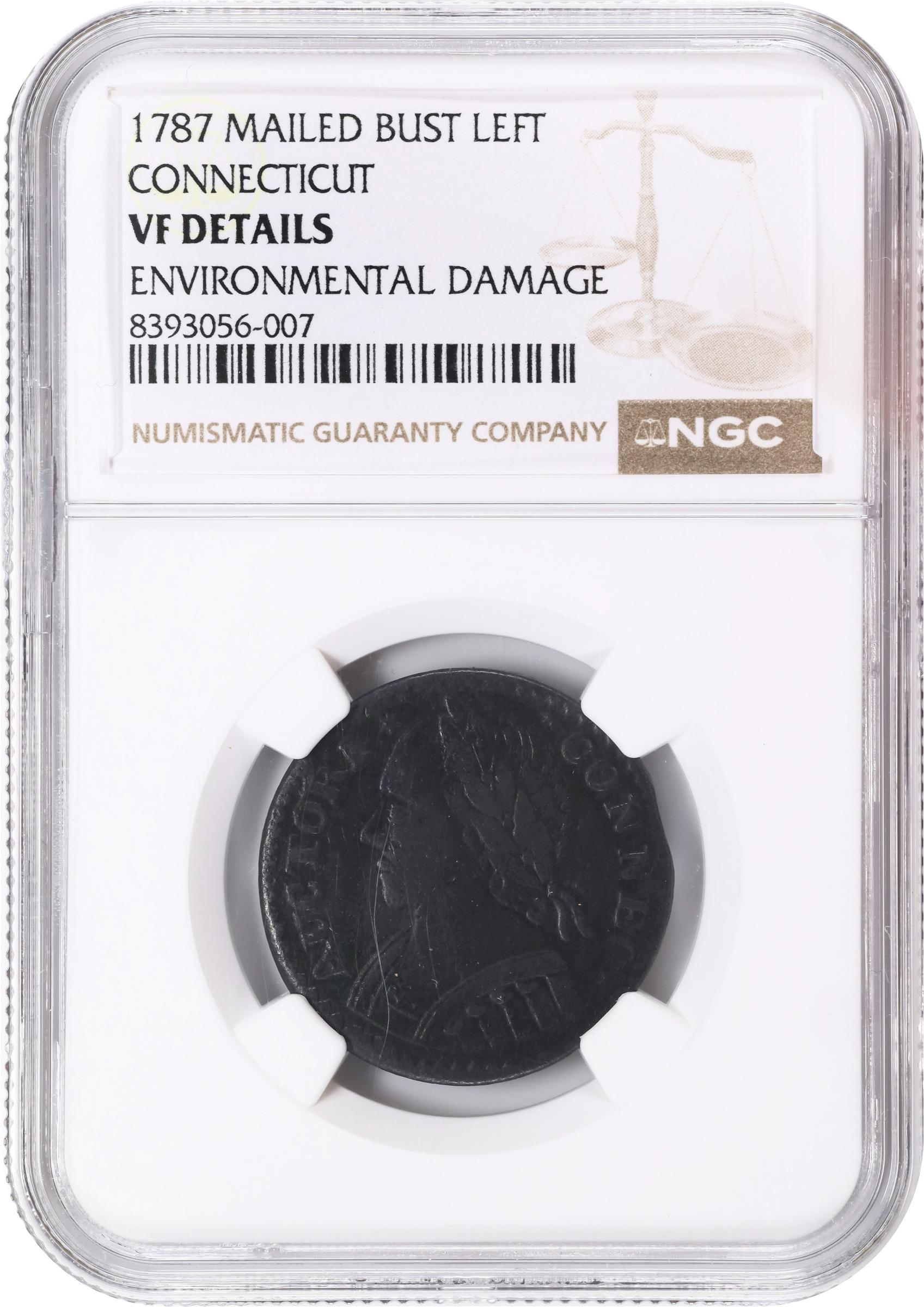 image for: 1787 Connecticut Copper. Miller 13-D, W-2890. Rarity-2. Mailed Bust Left, Childish Face. VF Details--Environmental Damage (NGC).