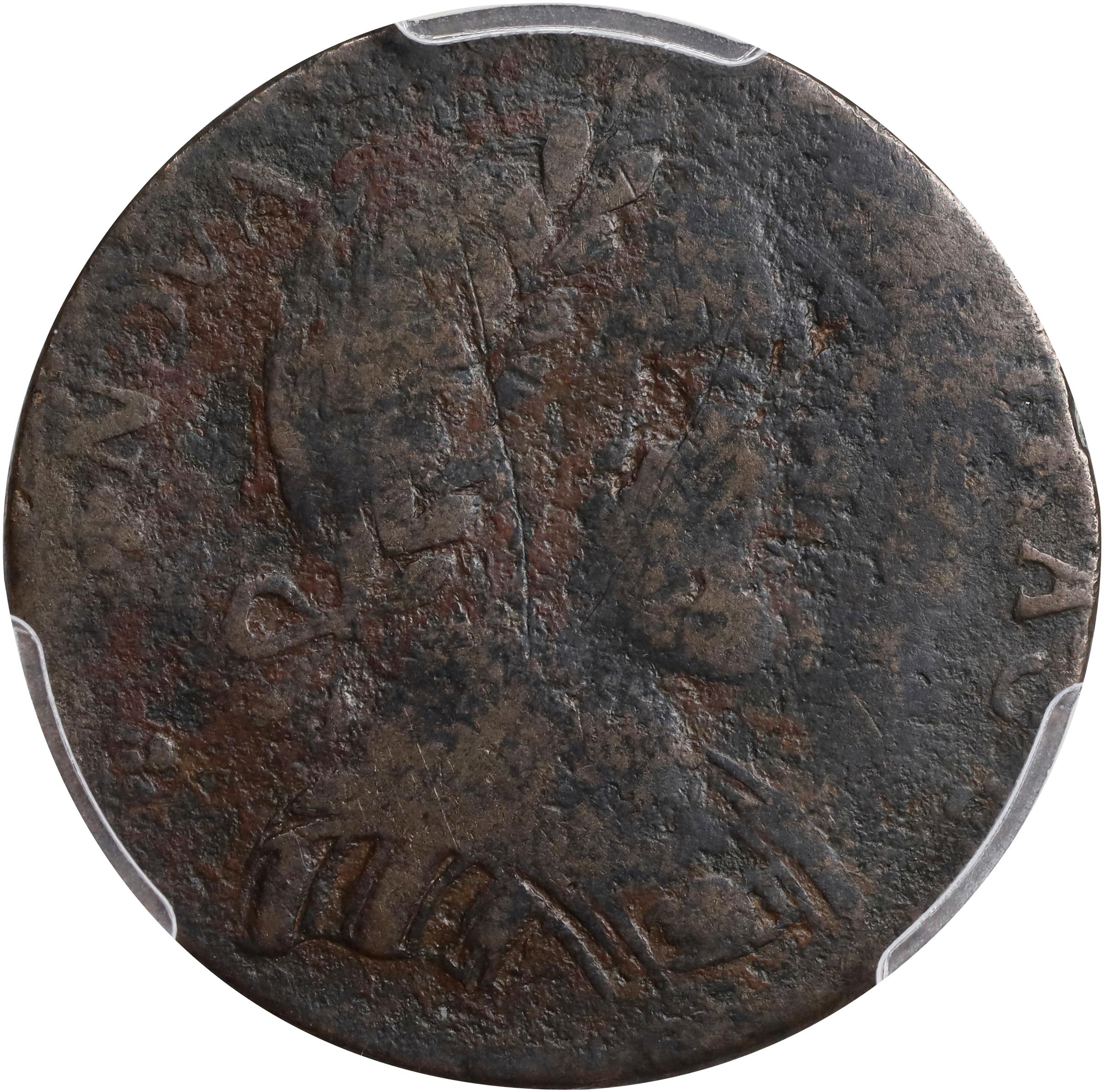 image for: 1787 Nova Eborac Copper. W-5750. Rarity-5+. Large Head. VG Details--Environmental Damage (PCGS).