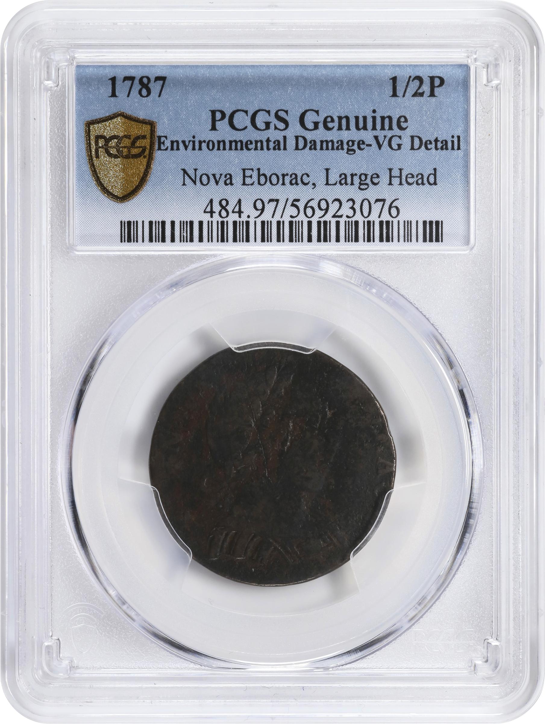 image for: 1787 Nova Eborac Copper. W-5750. Rarity-5+. Large Head. VG Details--Environmental Damage (PCGS).