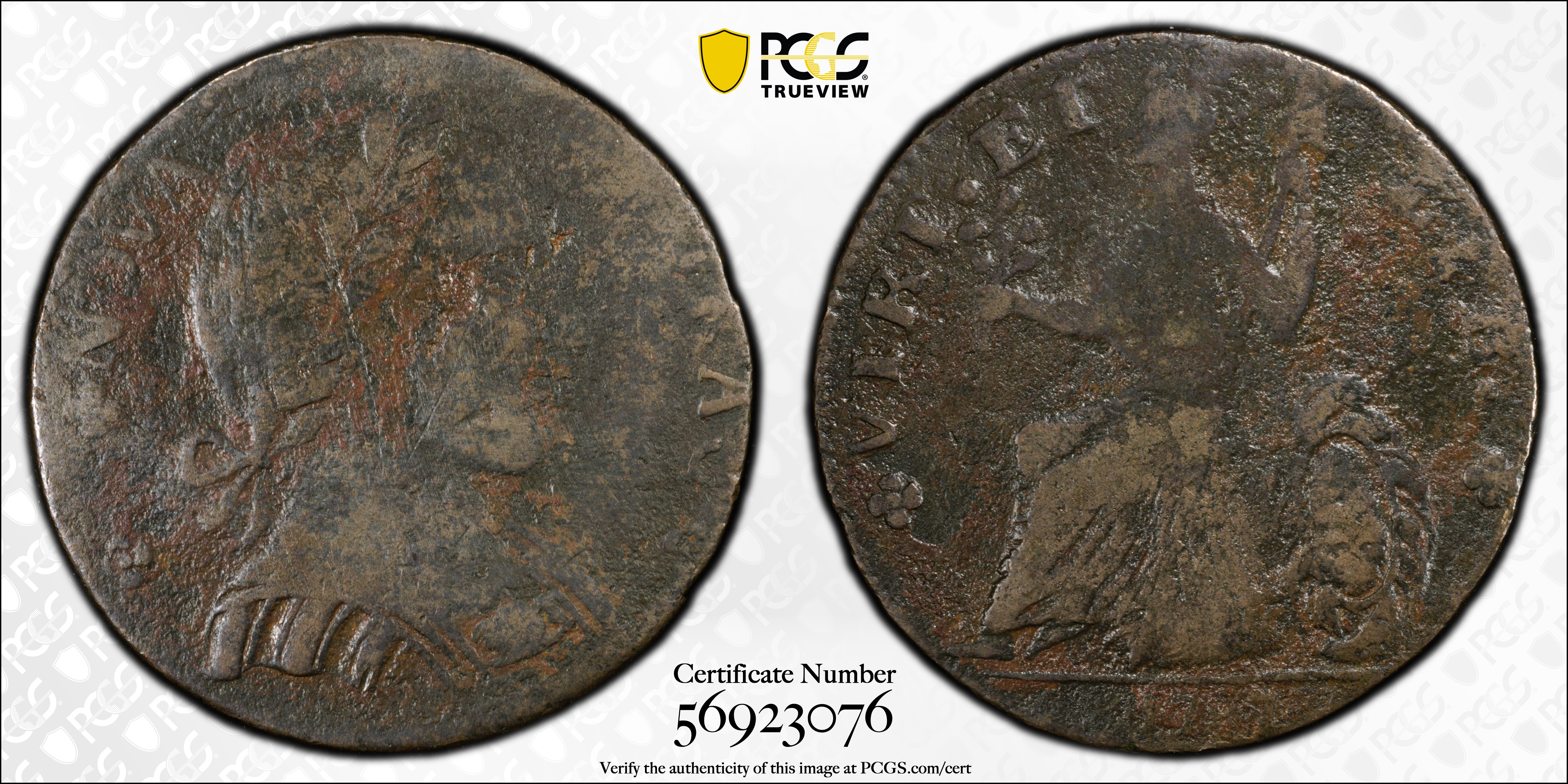 image for: 1787 Nova Eborac Copper. W-5750. Rarity-5+. Large Head. VG Details--Environmental Damage (PCGS).