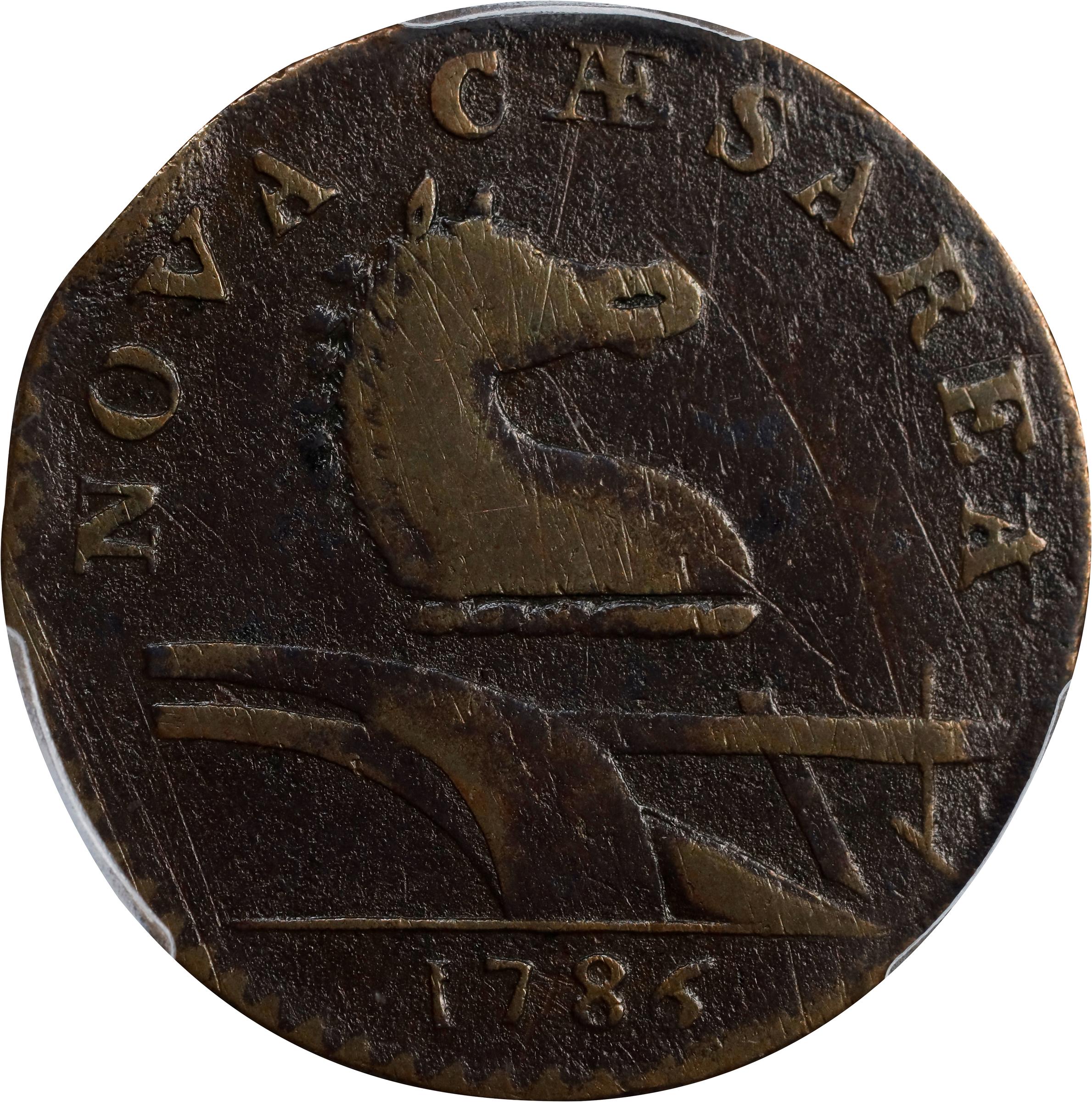 image for: 1786 New Jersey Copper. Maris 15-T, W-4825. Rarity-3. Straight Plow Beam, Leaning Head. Fine Details--Damage (PCGS).