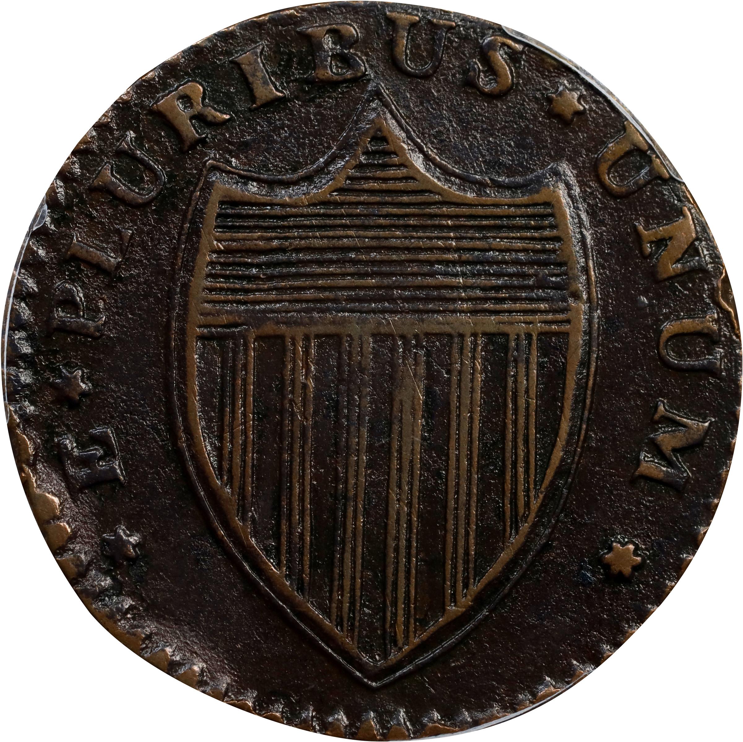 image for: 1786 New Jersey Copper. Maris 15-T, W-4825. Rarity-3. Straight Plow Beam, Leaning Head. Fine Details--Damage (PCGS).