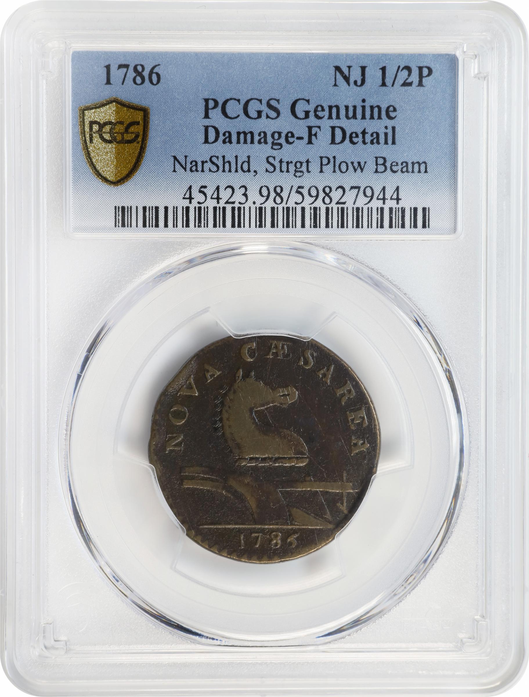 image for: 1786 New Jersey Copper. Maris 15-T, W-4825. Rarity-3. Straight Plow Beam, Leaning Head. Fine Details--Damage (PCGS).