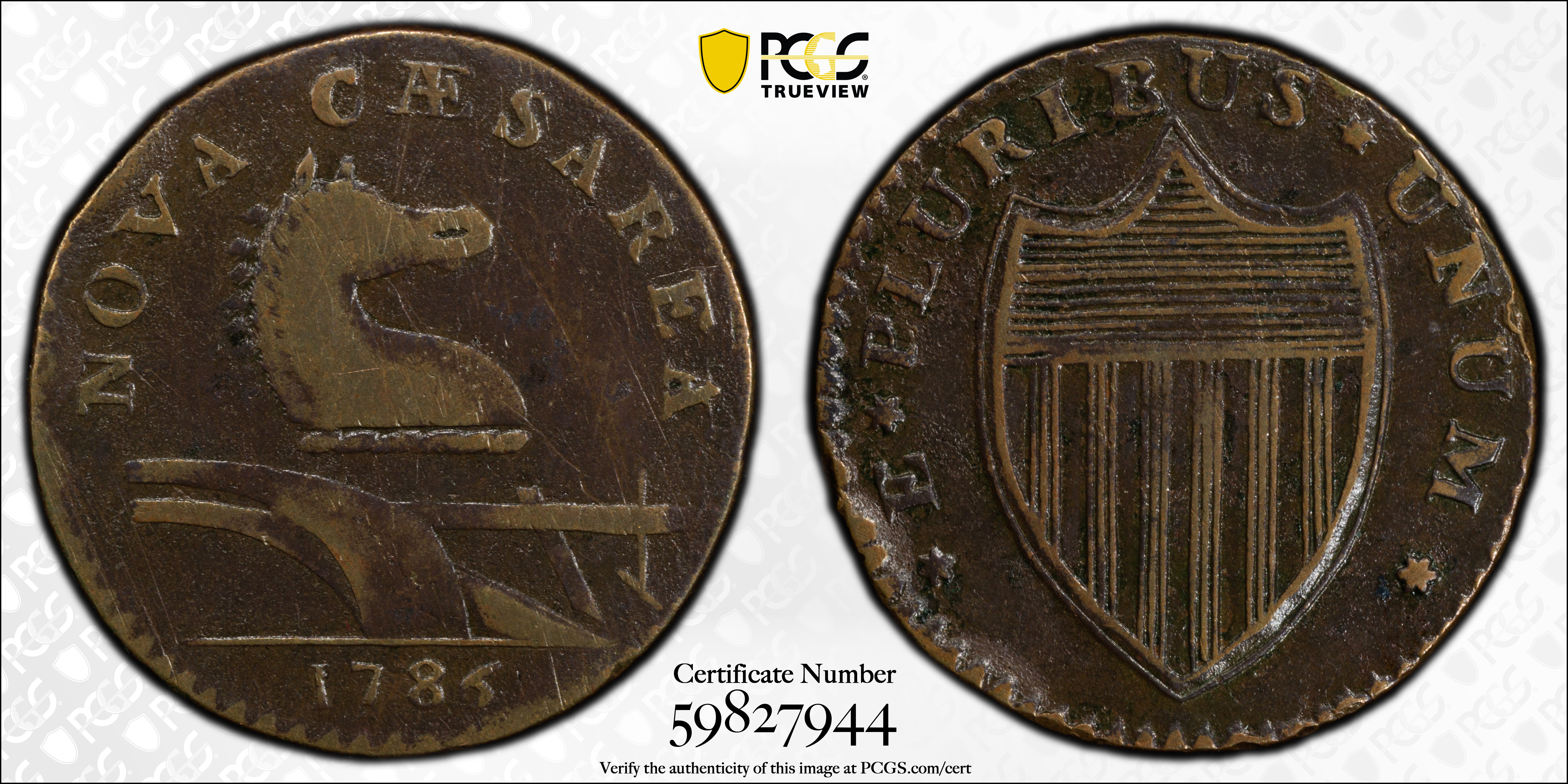 image for: 1786 New Jersey Copper. Maris 15-T, W-4825. Rarity-3. Straight Plow Beam, Leaning Head. Fine Details--Damage (PCGS).
