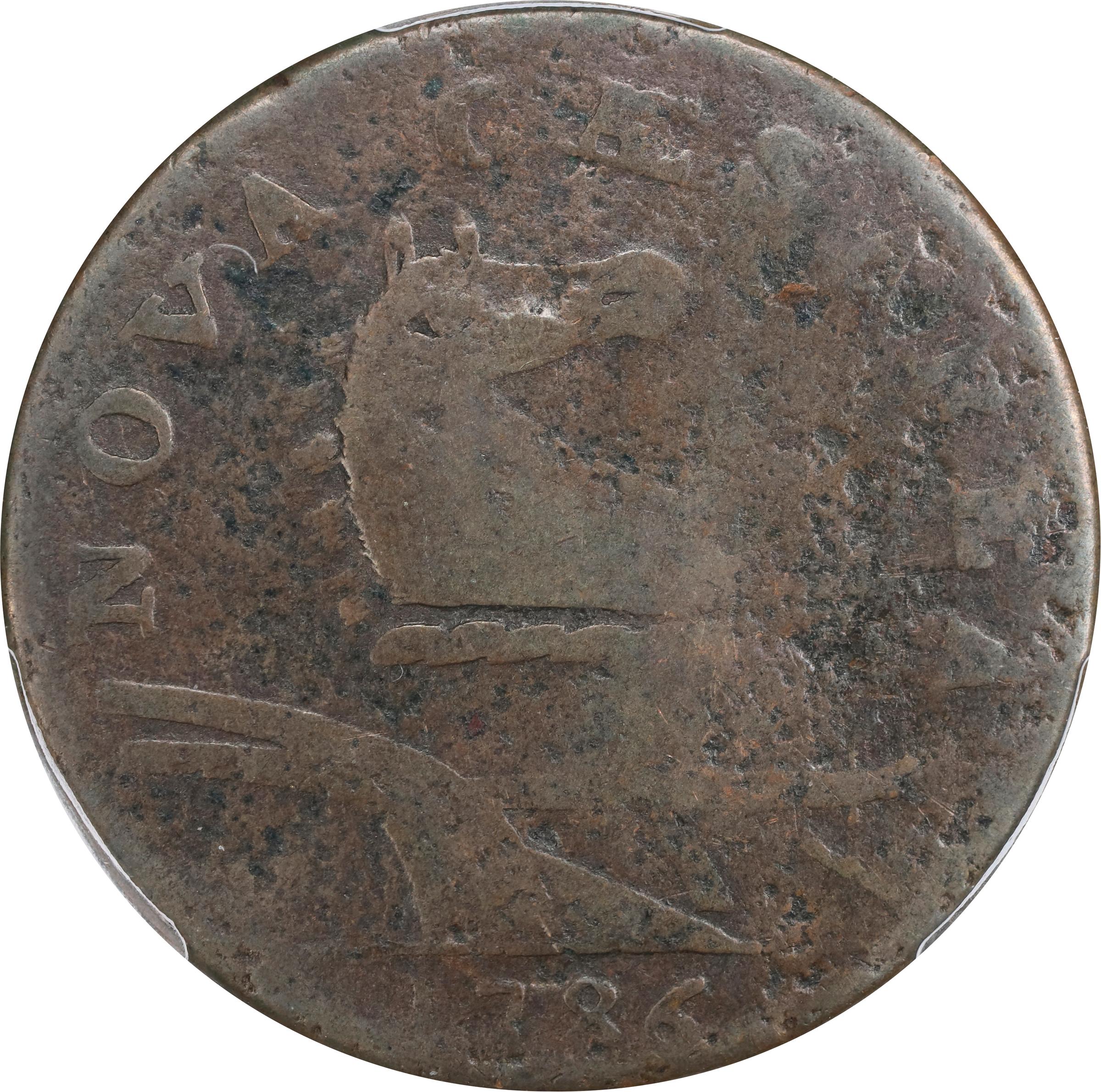 image for: 1786 New Jersey Copper. Maris 25-S, W-4980. Rarity-5. Straight Plow Beam, Eye in Neck. VG Details--Damage (PCGS).