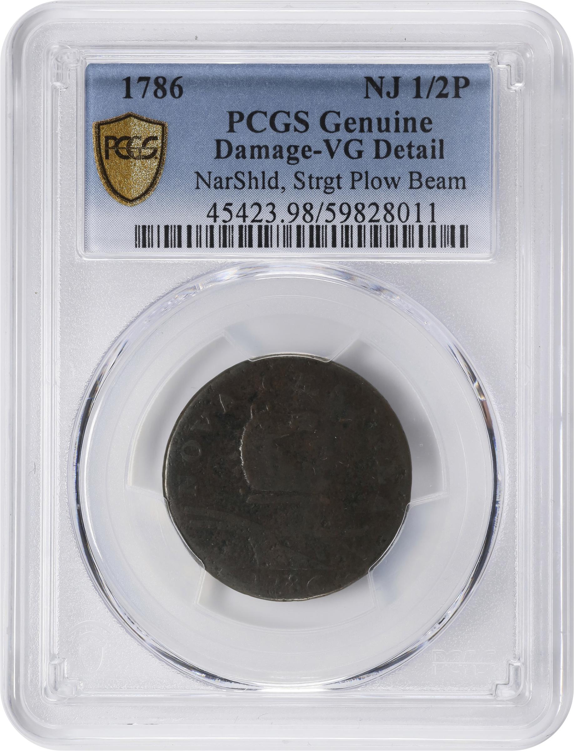 image for: 1786 New Jersey Copper. Maris 25-S, W-4980. Rarity-5. Straight Plow Beam, Eye in Neck. VG Details--Damage (PCGS).