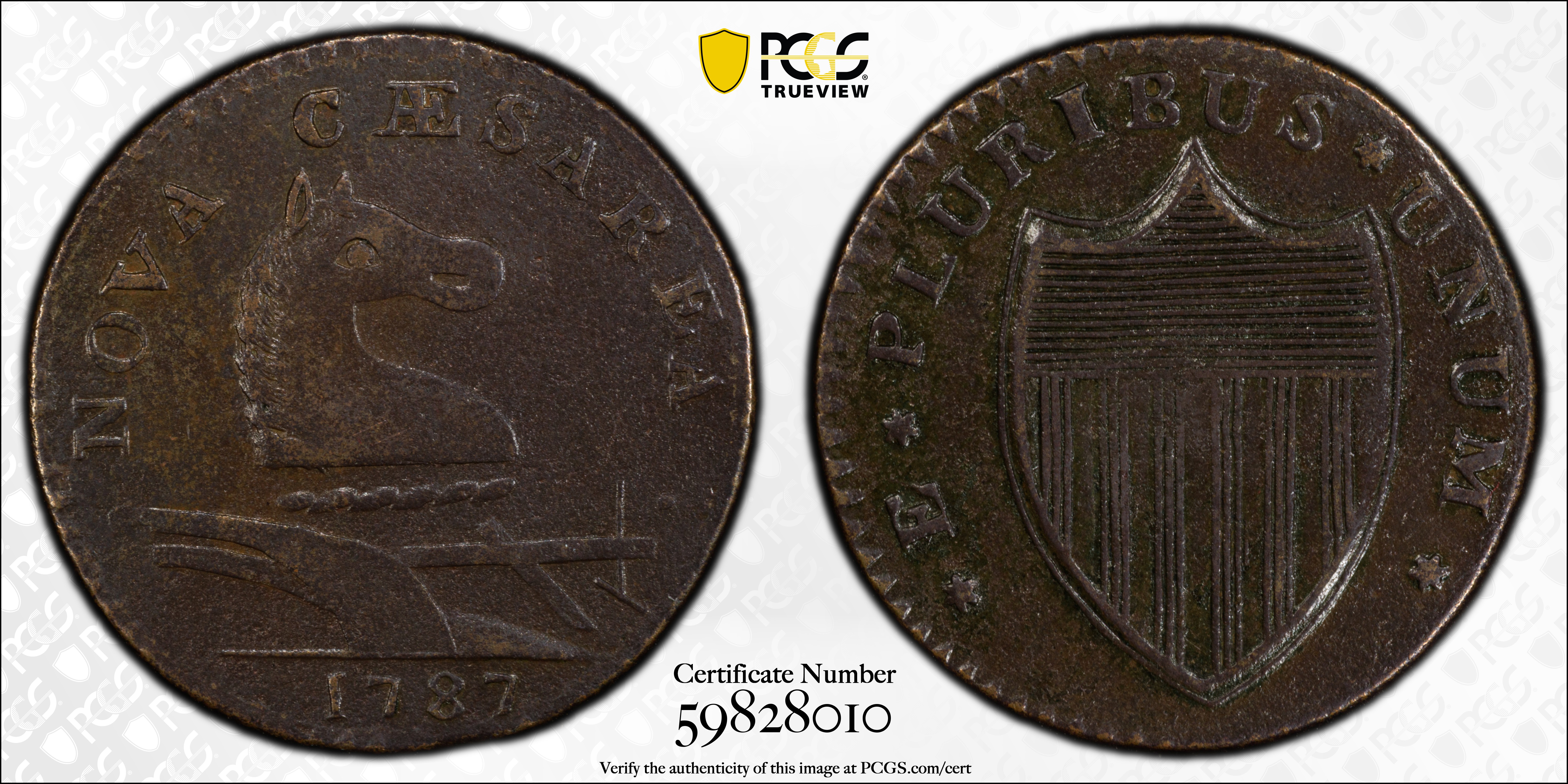 image for: 1787 New Jersey Copper. Maris 28-L, W-5065. Rarity-3. No Sprig Above Plow, Disappearing Knobs. EF Details--Environmental Damage (PCGS).
