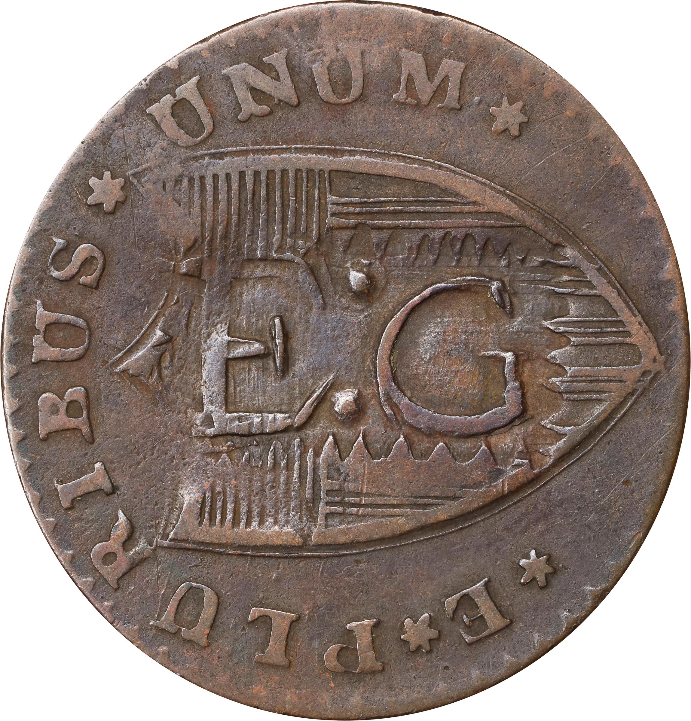 image for: 1787 New Jersey Copper. Maris 56-n, W-5310. Rarity-1. No Sprig Above Plow, Camel Head. Fine, Planchet Flaw, Counterstamped.