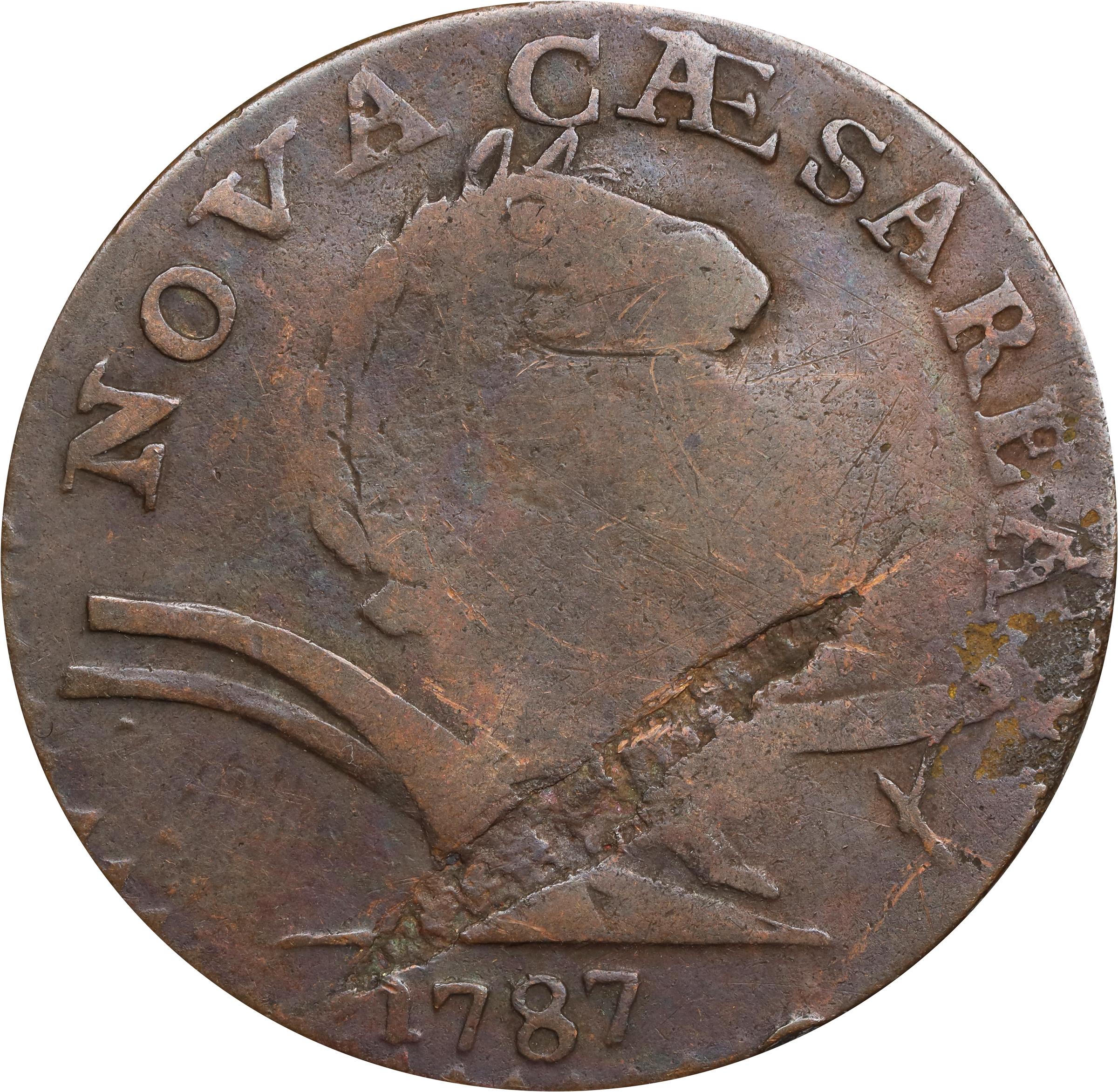image for: 1787 New Jersey Copper. Maris 56-n, W-5310. Rarity-1. No Sprig Above Plow, Camel Head. Fine, Planchet Flaw, Counterstamped.