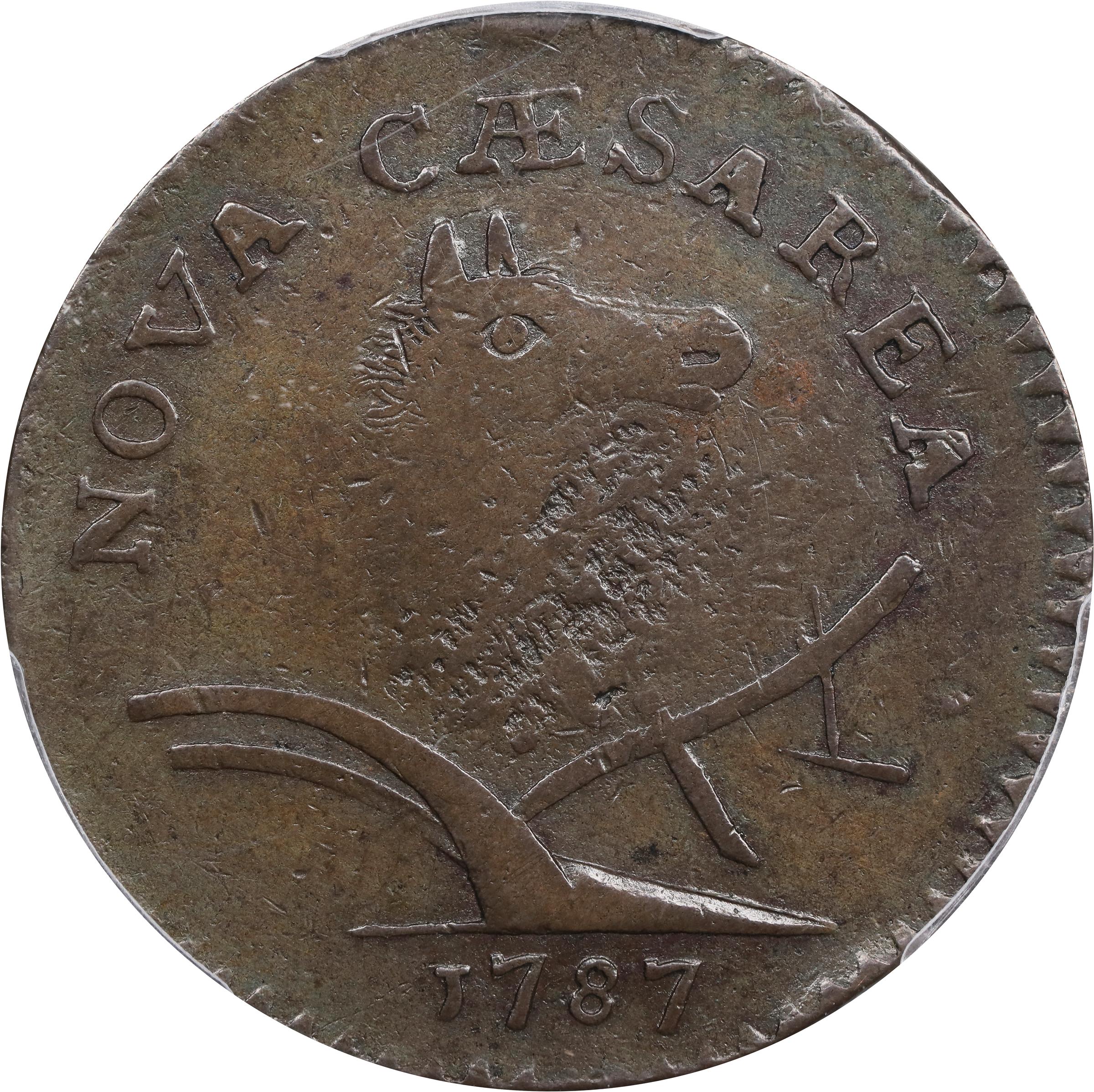 image for: 1787 New Jersey Copper. Maris 60-p, W-5340. Rarity-4. Sprig Above Plow, PLURIBS. Large Planchet. VF Details--Harshly Cleaned (PCGS).