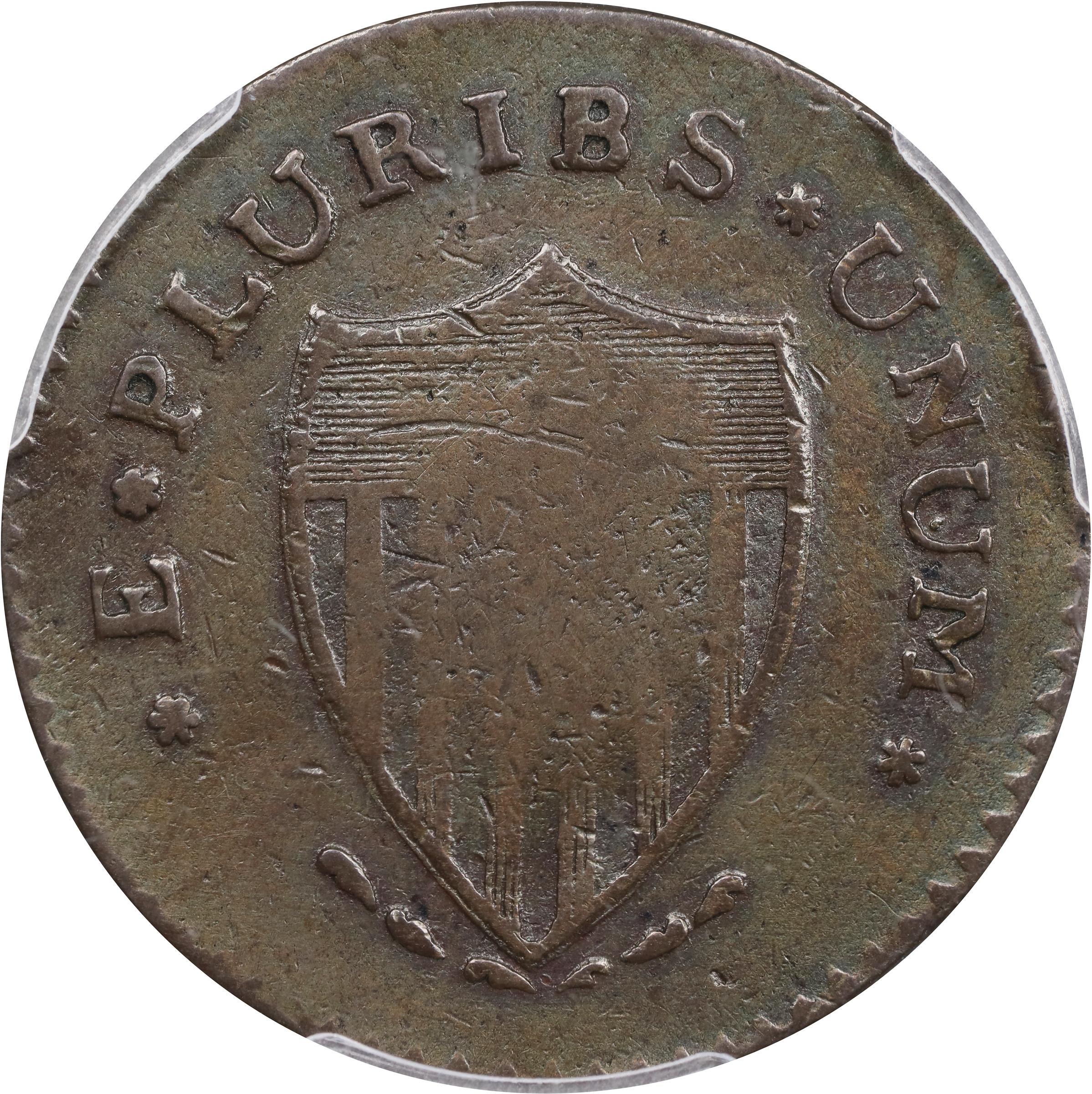 image for: 1787 New Jersey Copper. Maris 60-p, W-5340. Rarity-4. Sprig Above Plow, PLURIBS. Large Planchet. VF Details--Harshly Cleaned (PCGS).