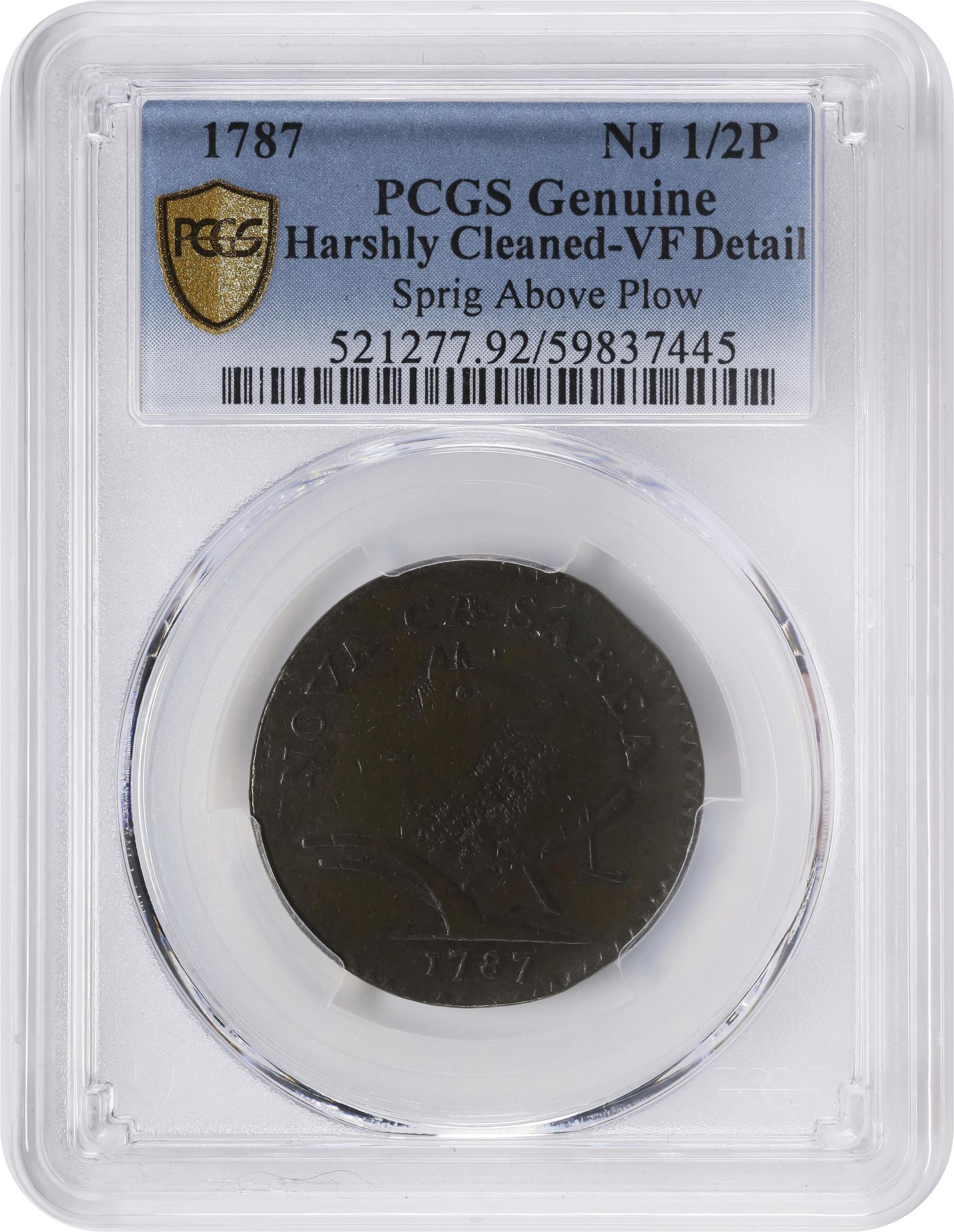 image for: 1787 New Jersey Copper. Maris 60-p, W-5340. Rarity-4. Sprig Above Plow, PLURIBS. Large Planchet. VF Details--Harshly Cleaned (PCGS).