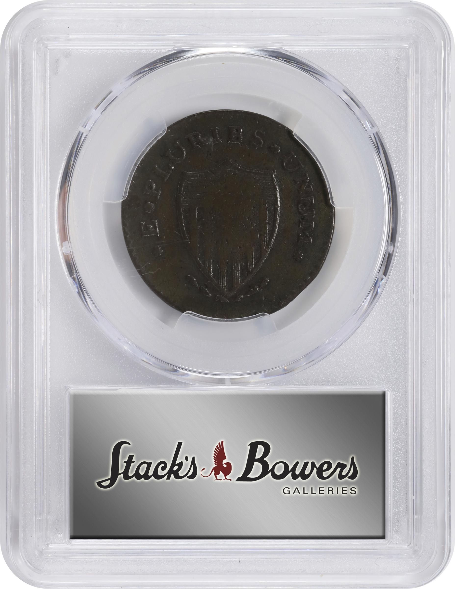 image for: 1787 New Jersey Copper. Maris 60-p, W-5340. Rarity-4. Sprig Above Plow, PLURIBS. Large Planchet. VF Details--Harshly Cleaned (PCGS).