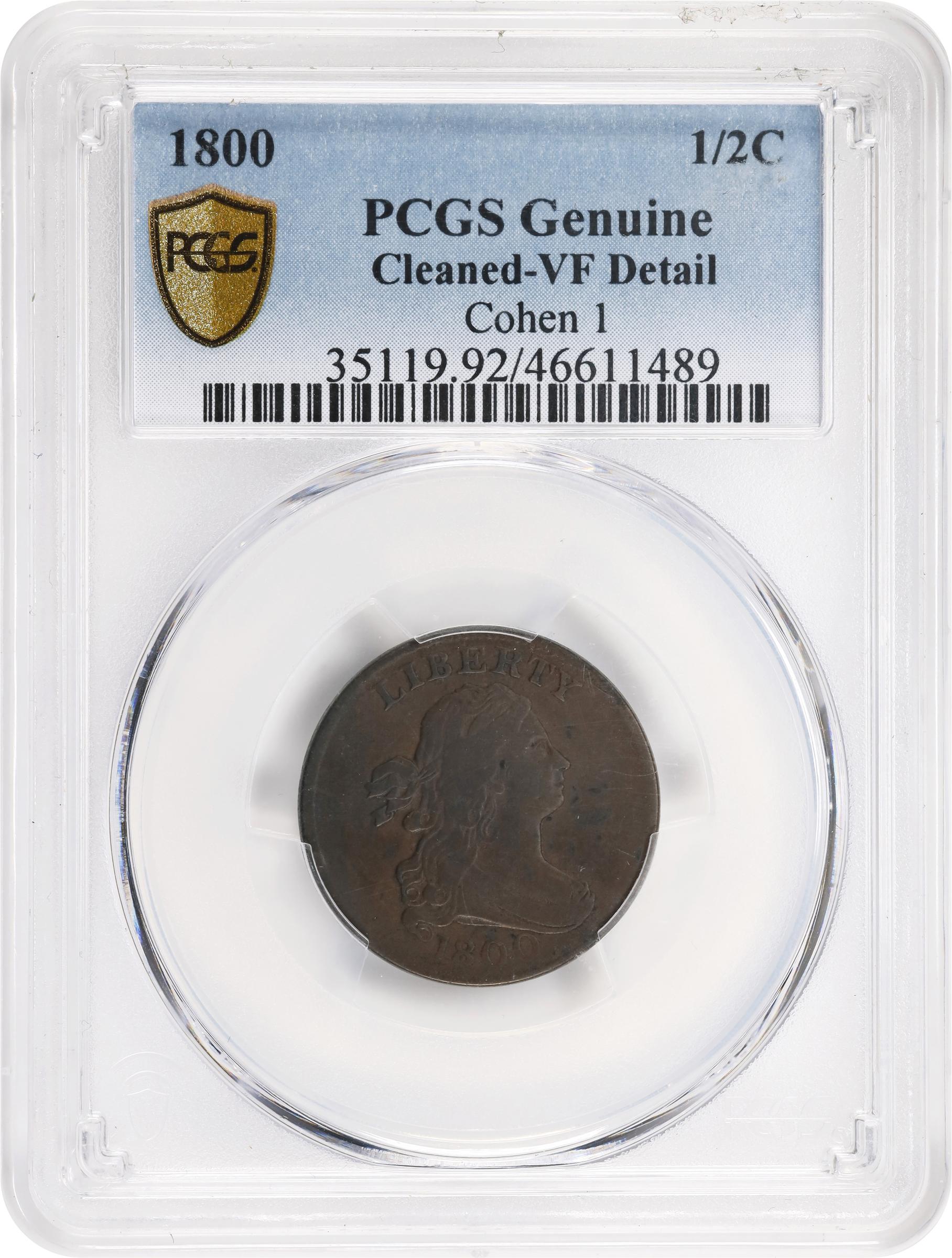 image for: 1800 Draped Bust Half Cent. C-1. Rarity-1. VF Details--Cleaned (PCGS).