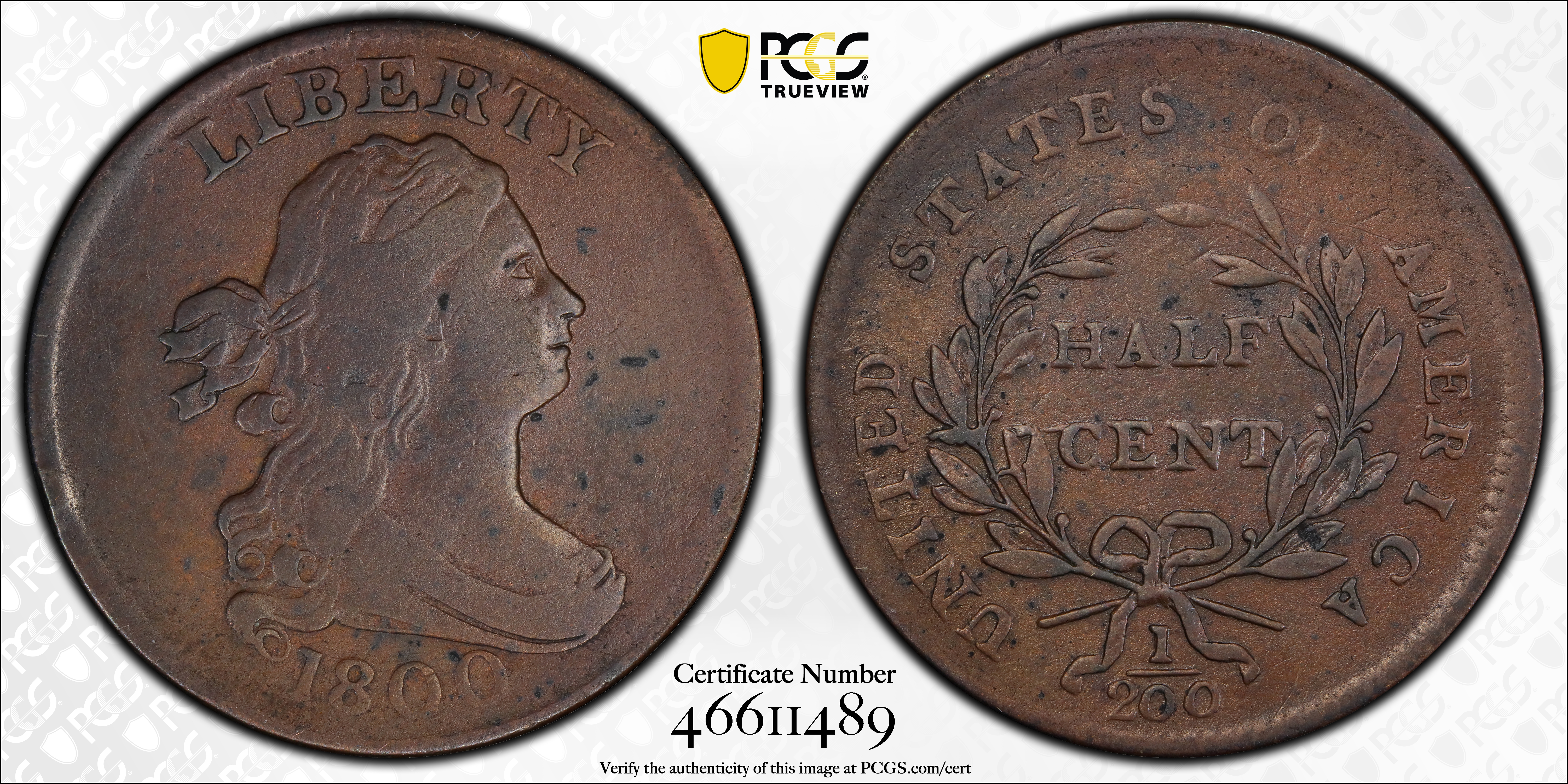 image for: 1800 Draped Bust Half Cent. C-1. Rarity-1. VF Details--Cleaned (PCGS).