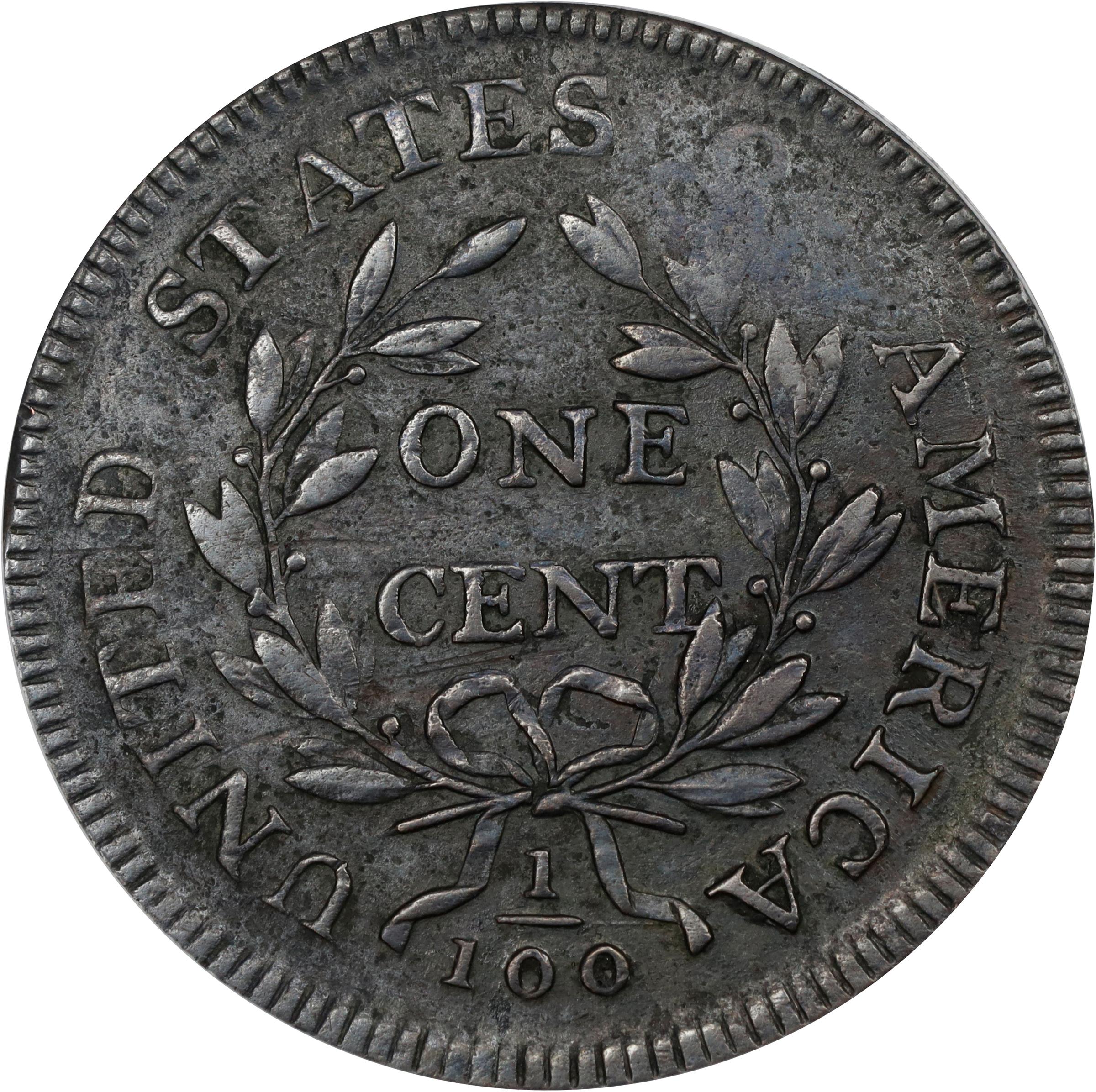 image for: 1797 Draped Bust Cent. S-140, B-22. Rarity-1. Reverse of 1797, Stems to Wreath. VF-25 Details--Corroded, Scratched (ANACS).