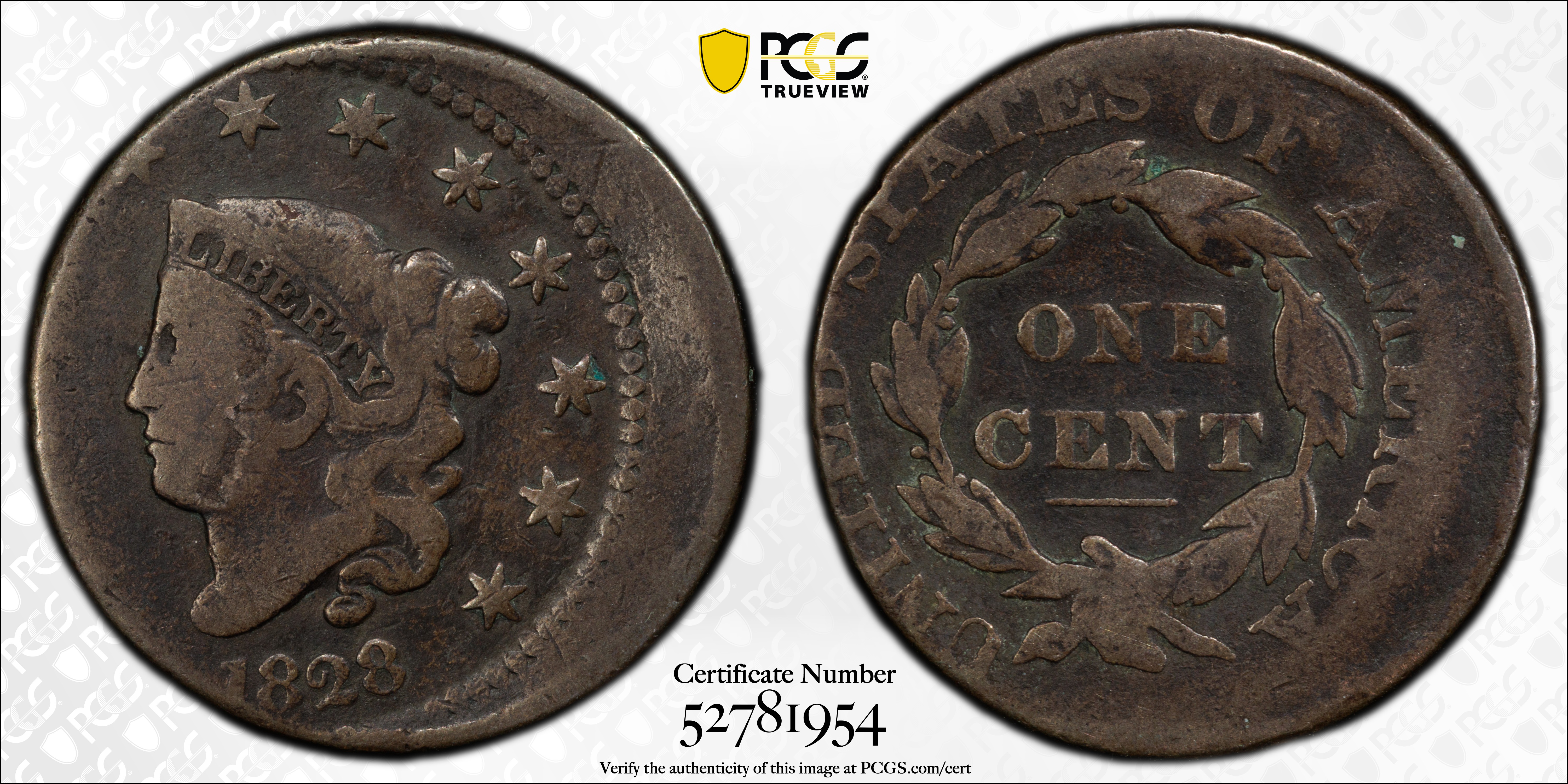 1828 Coronet Head Large Penny Large Narrow Date BN Mint State (MS