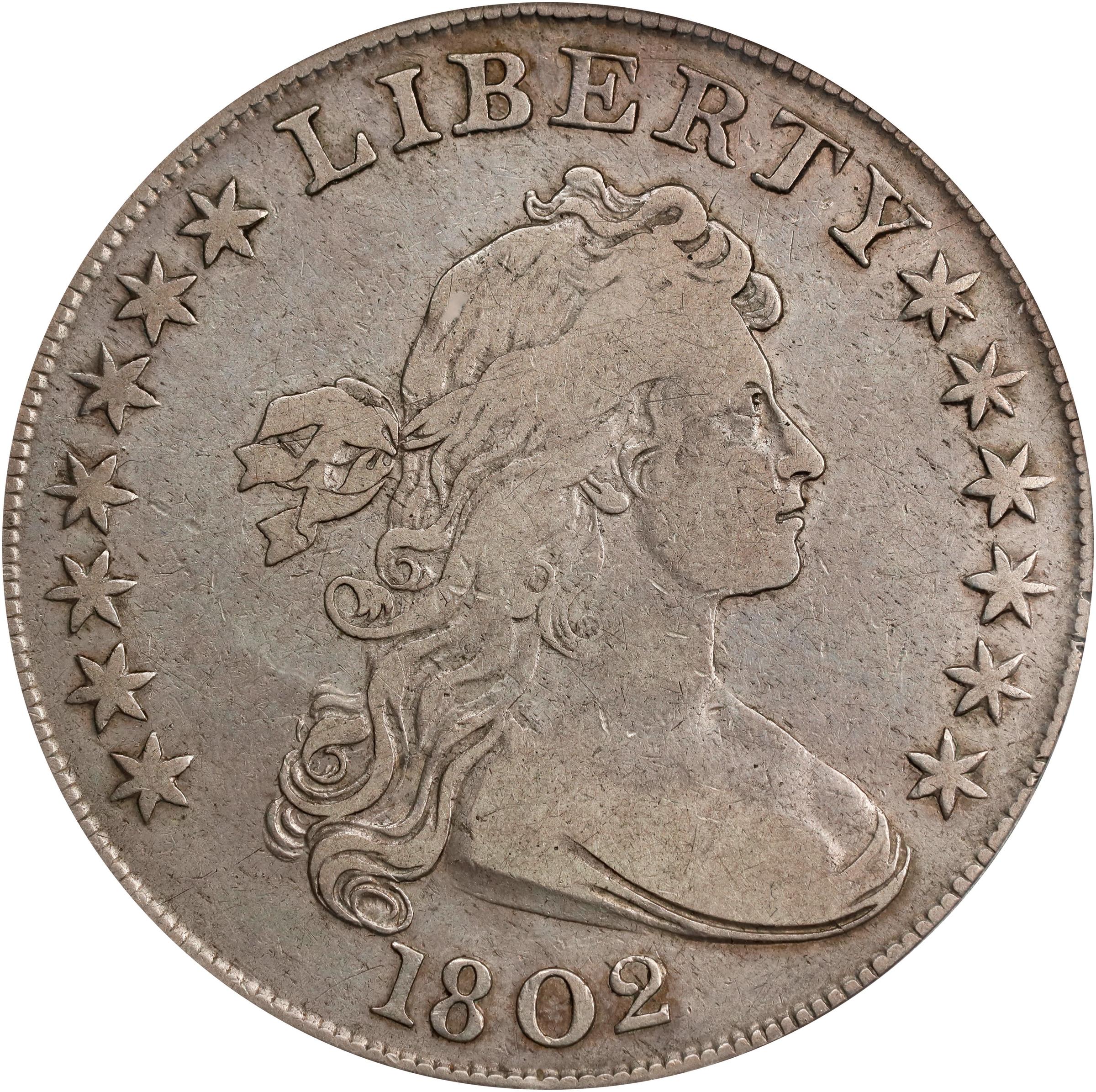 image for: 1802 Draped Bust Silver Dollar. BB-241, B-6. Rarity-1. Narrow Date. VF Details--Cleaned (PCGS).