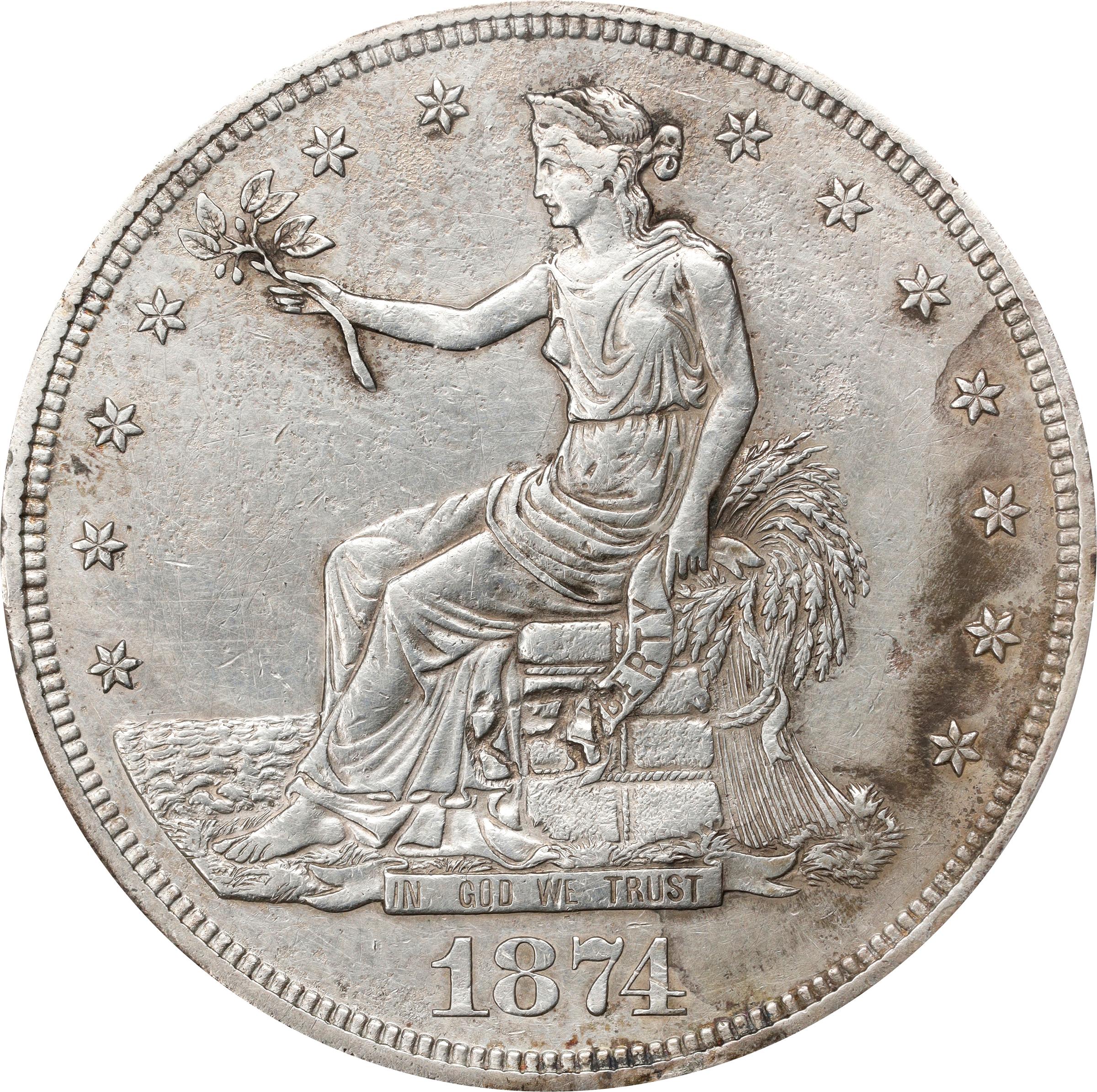 image for: 1874-CC Trade Dollar. Chop Mark. EF Details--Corrosion Removed (PCGS).